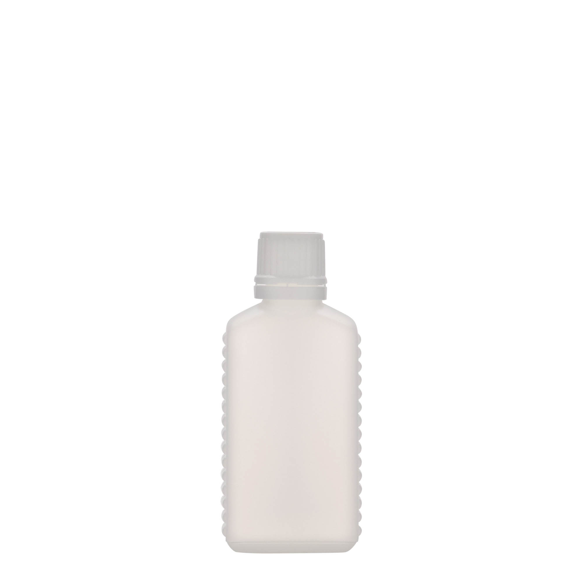 50 ml kanisterfles met smalle hals, rechthoekig, HDPE-kunststof, natuurkleurig, opening: DIN 18