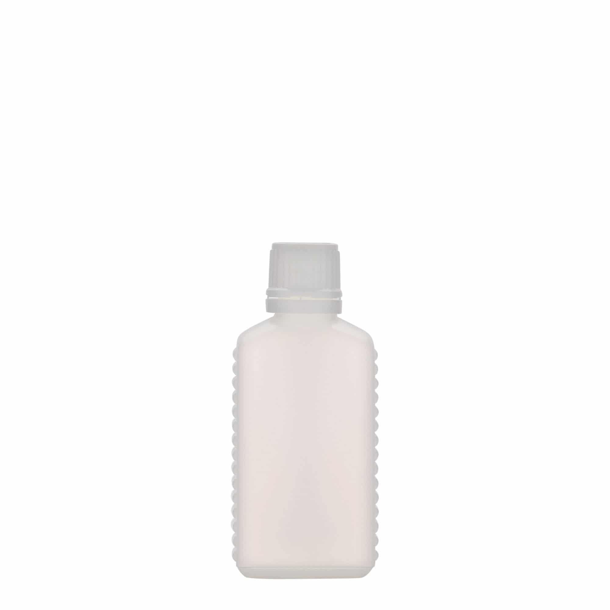 50 ml kanisterfles met smalle hals, rechthoekig, HDPE-kunststof, natuurkleurig, opening: DIN 18