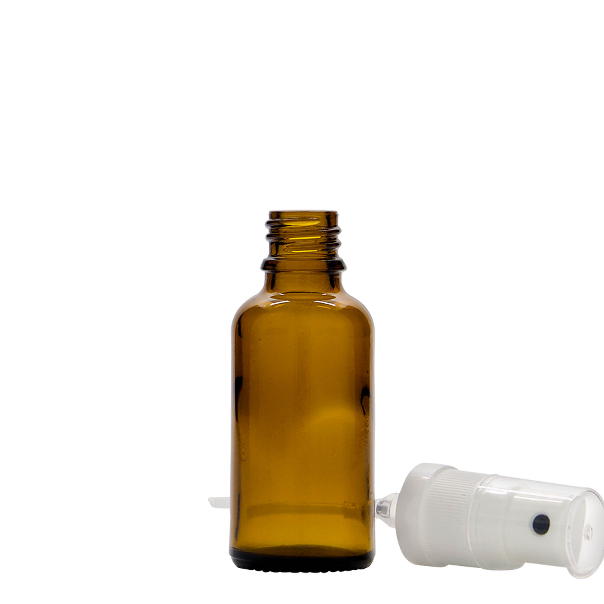 30 ml spuitflesje medicijn, glas, bruin, mondstuk: DIN 18