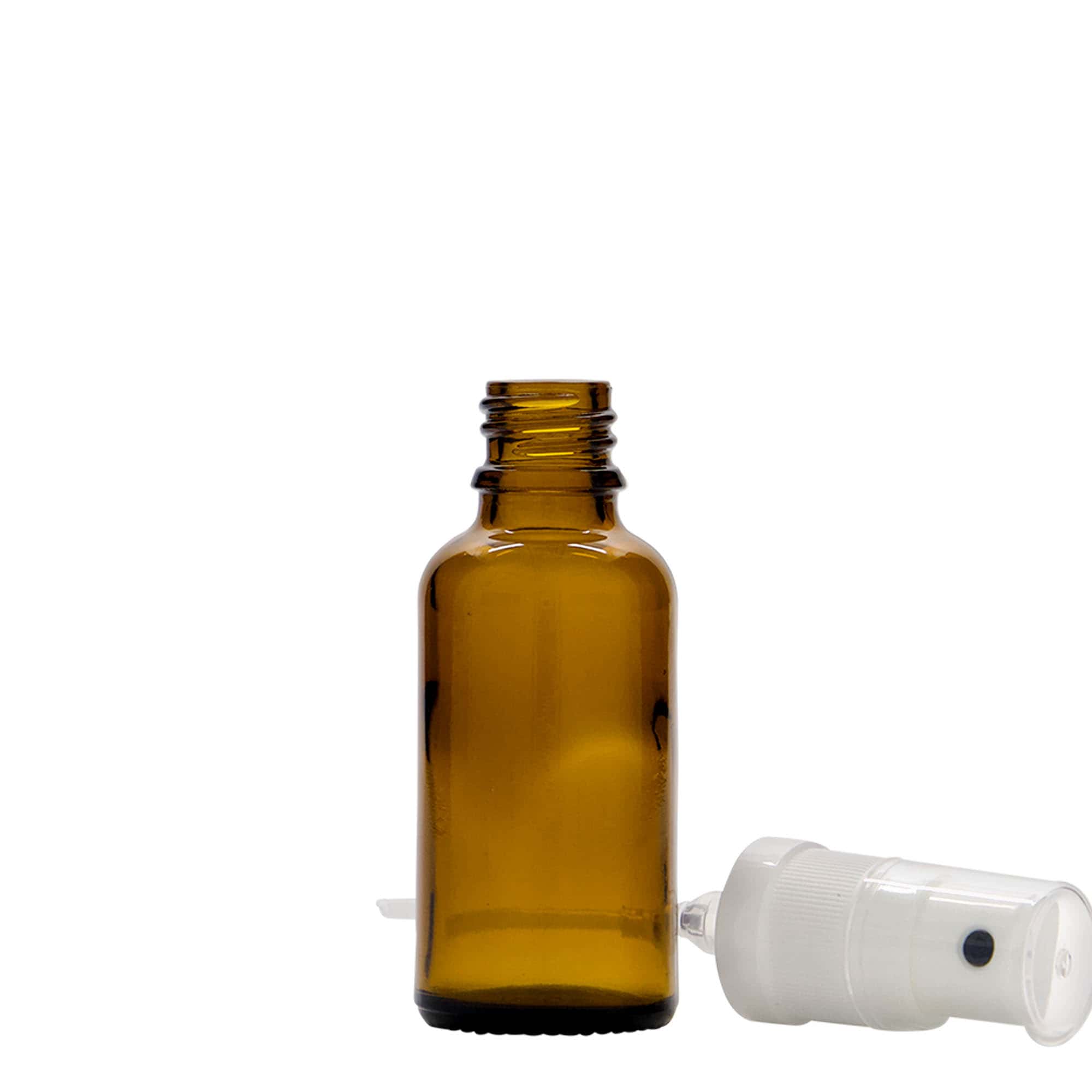 30 ml spuitflesje medicijn, glas, bruin, mondstuk: DIN 18