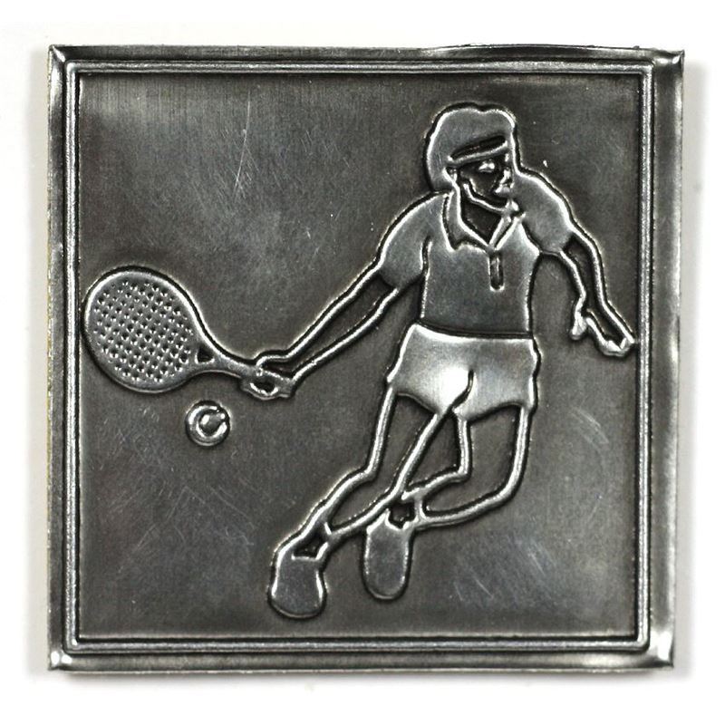 Tinnen etiket 'Tennis', vierkant, metaal, zilver