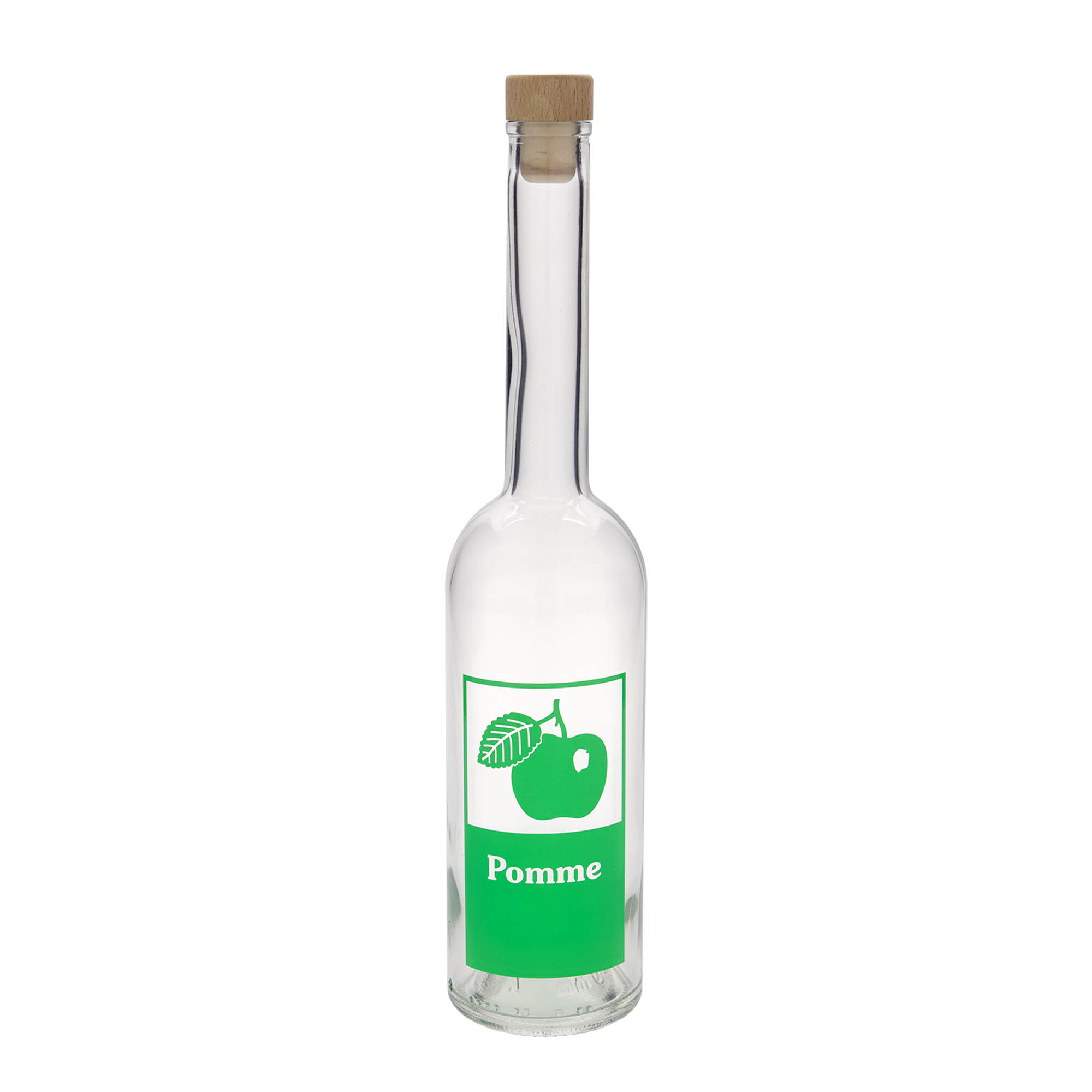 500 ml glazen fles 'Opera', motief: appel, hals: kurk 500 ml glazen fles 'Opera', motief: appel, hals: kurk