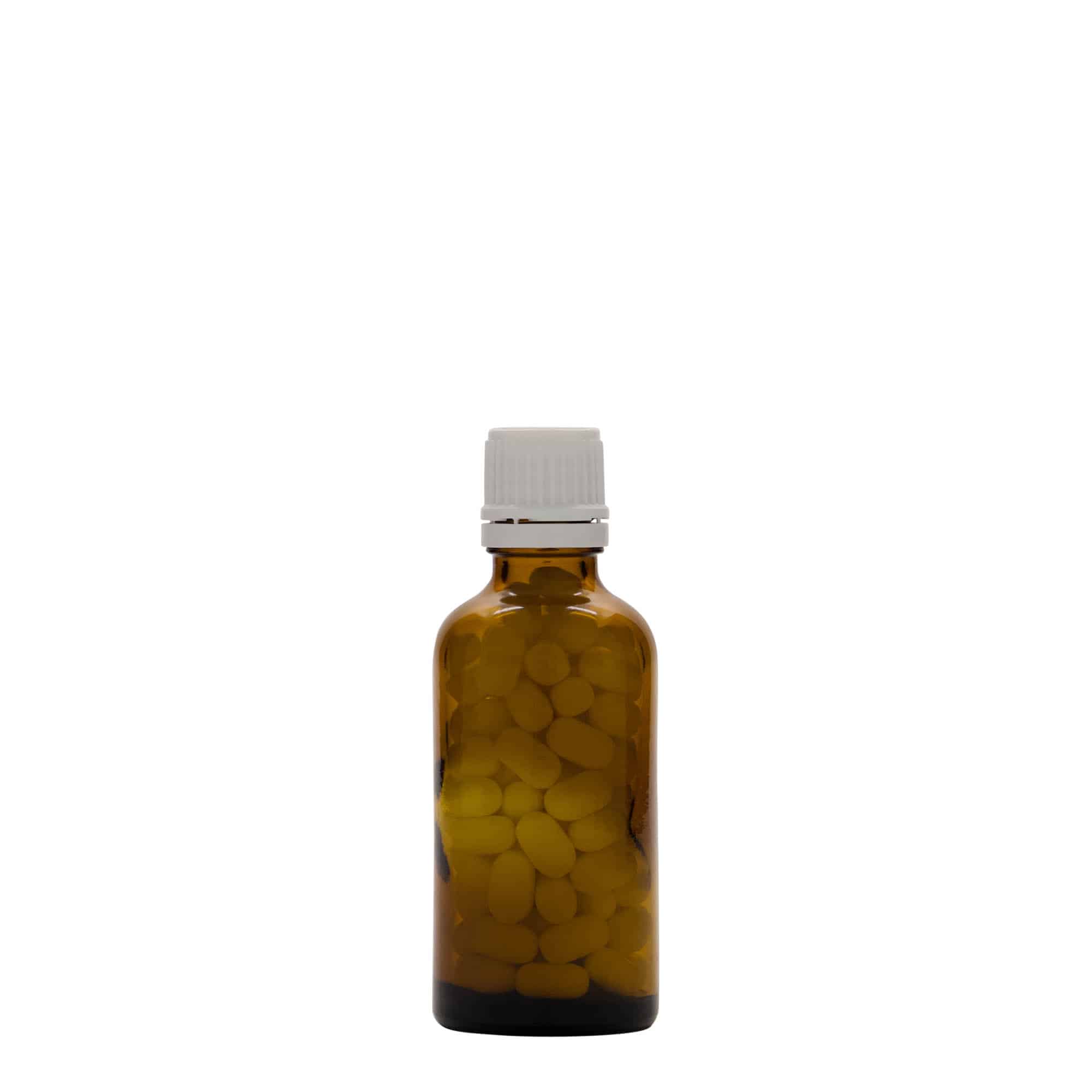 50 ml medicijnflesje, glas, bruin, opening: DIN 18