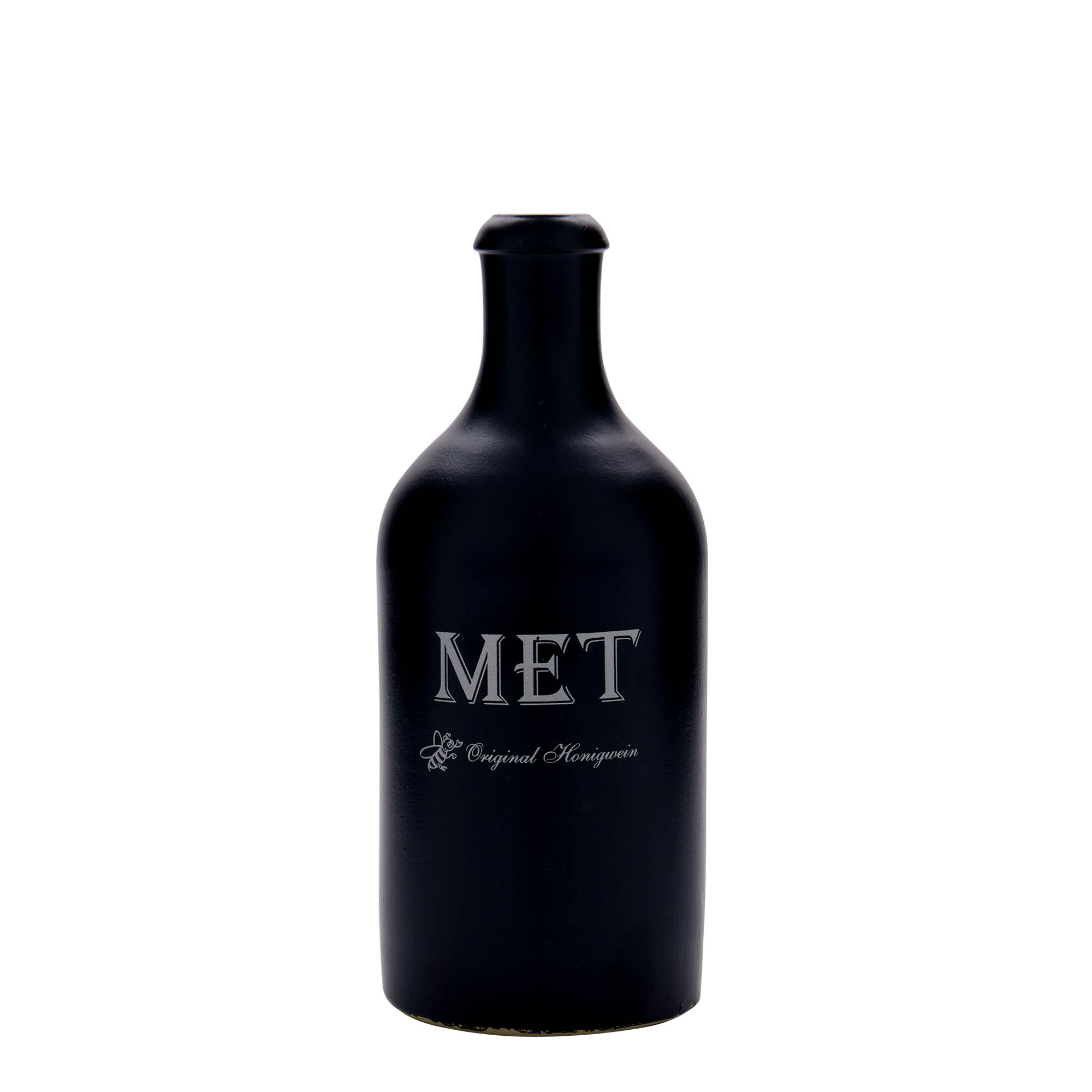 500 ml tonkruik, motief: met, steengoed, zwart, monding: kurk