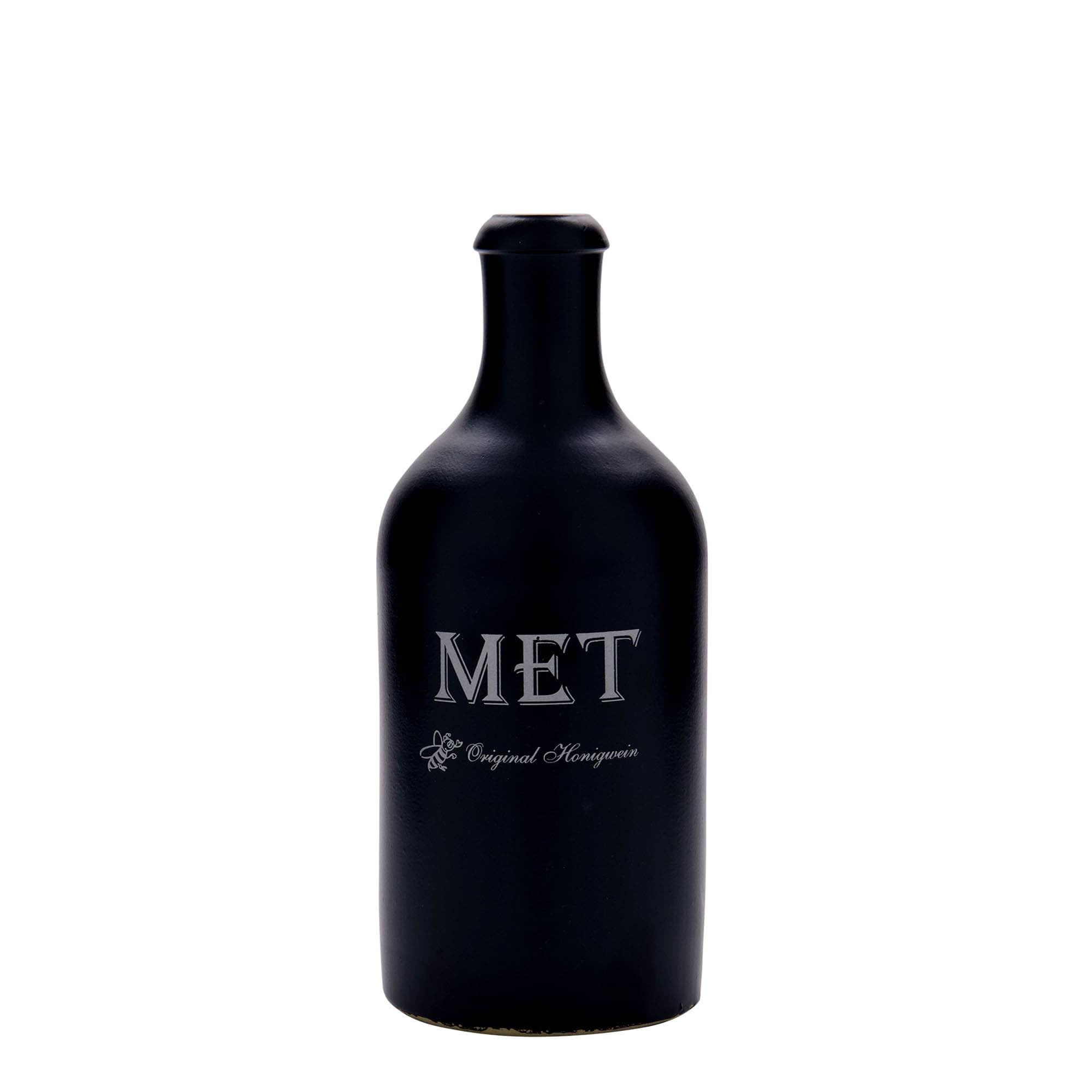 500 ml tonkruik, motief: met, steengoed, zwart, monding: kurk