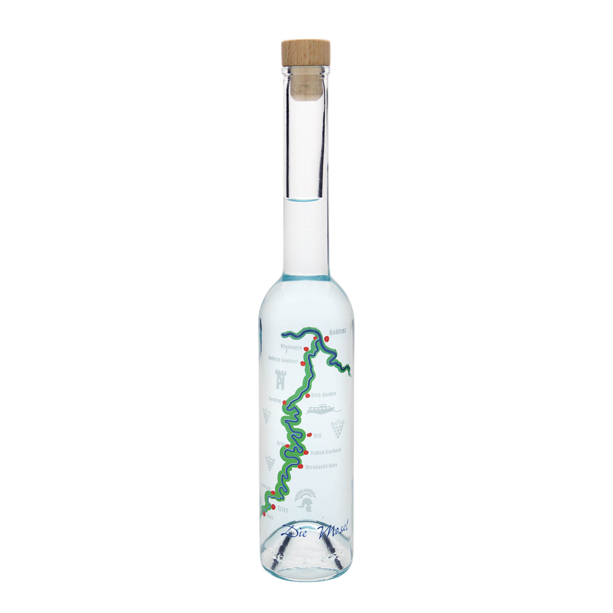 350 ml glazen fles 'Opera', motief: Moezel, hals: kurk 350 ml glazen fles 'Opera', motief: Moezel, hals: kurk