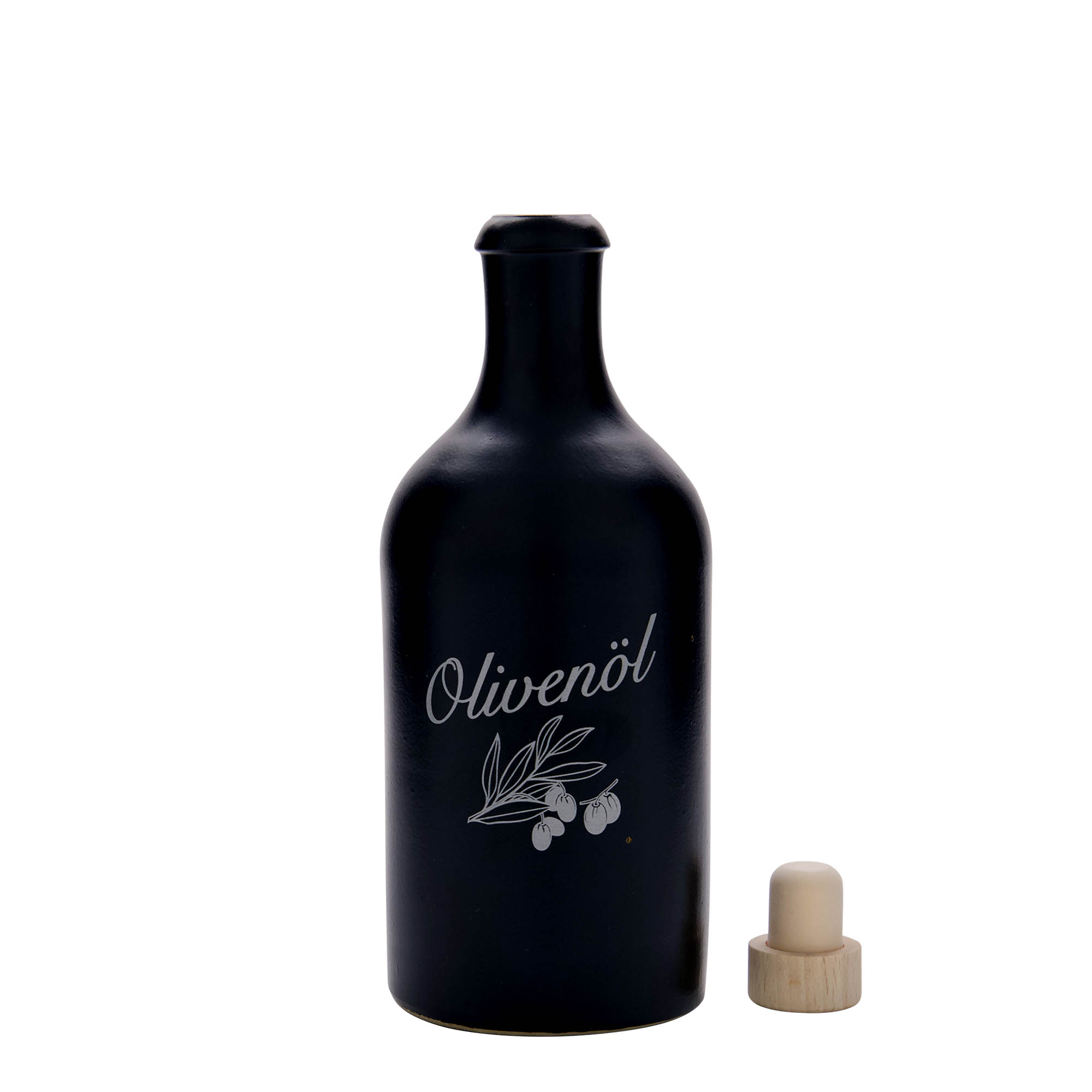 500 ml Tonkruik, motief: olijfolie, steengoed, zwart, monding: kurk 500 ml Tonkruik, motief: olijfolie, steengoed, zwart, monding: kurk