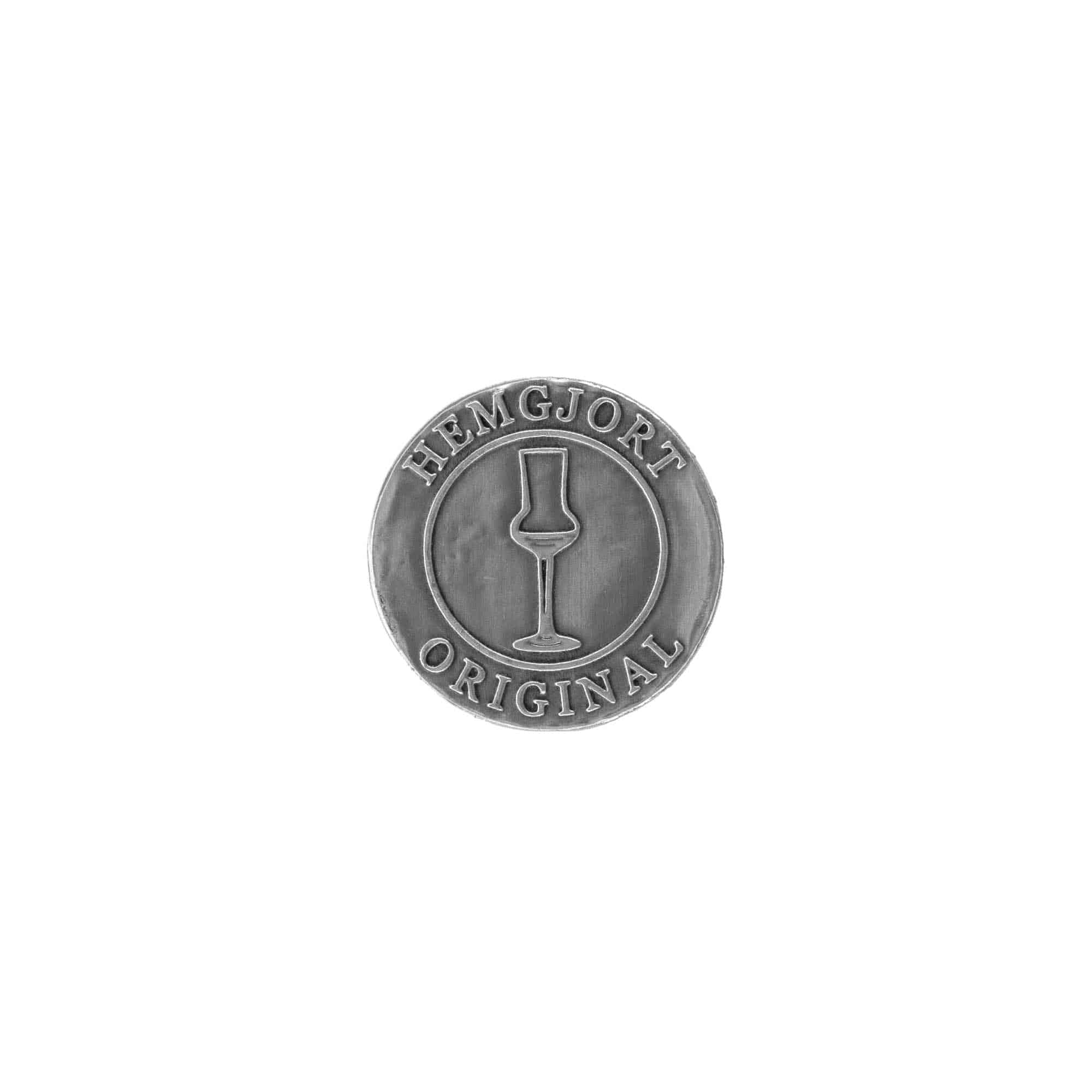 Tinnen etiket 'Hemgjort Original', rond, metaal, zilver Tinnen etiket 'Hemgjort Original', rond, metaal, zilver