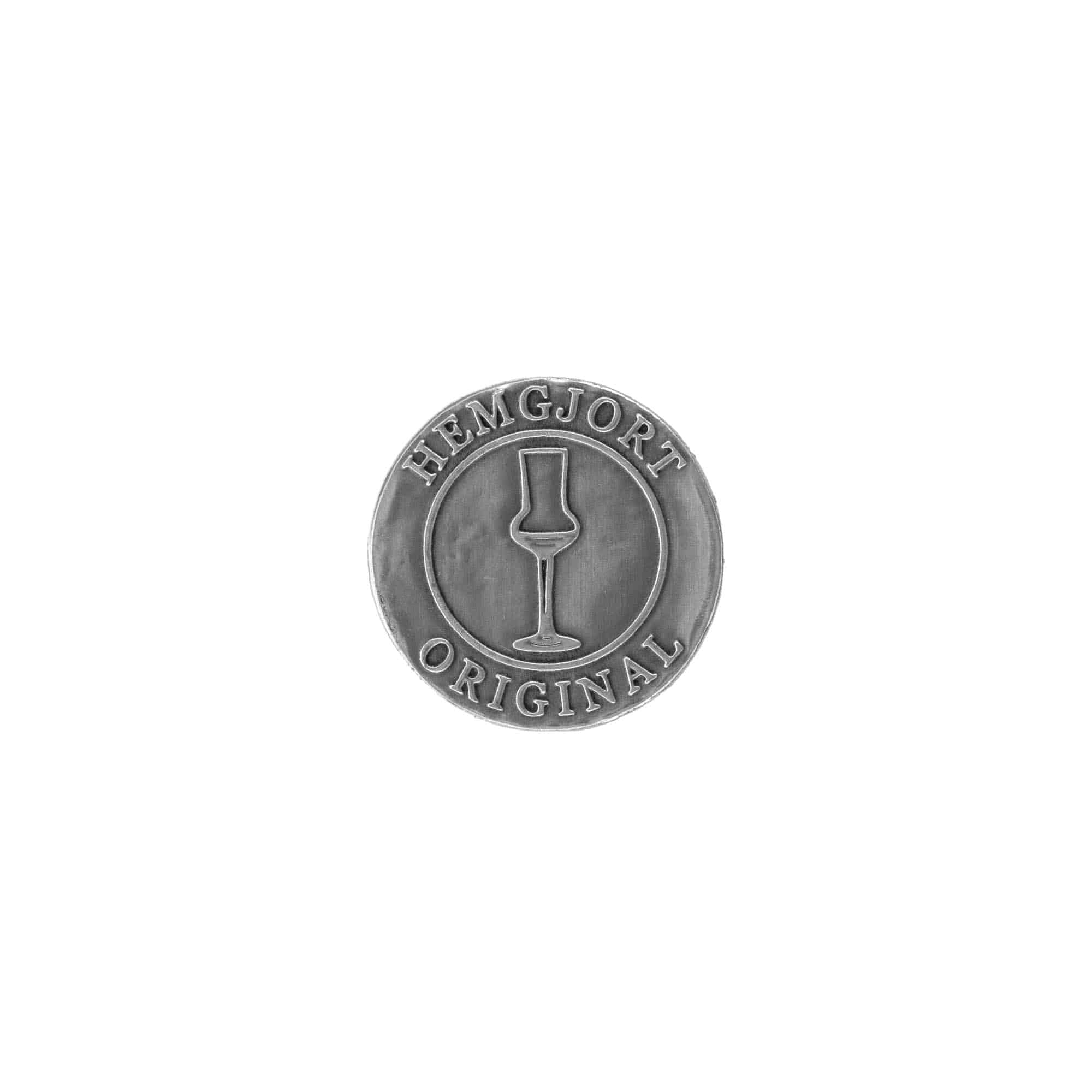 Tinlabel 'Hemgjort Original', rond, metaal, zilver