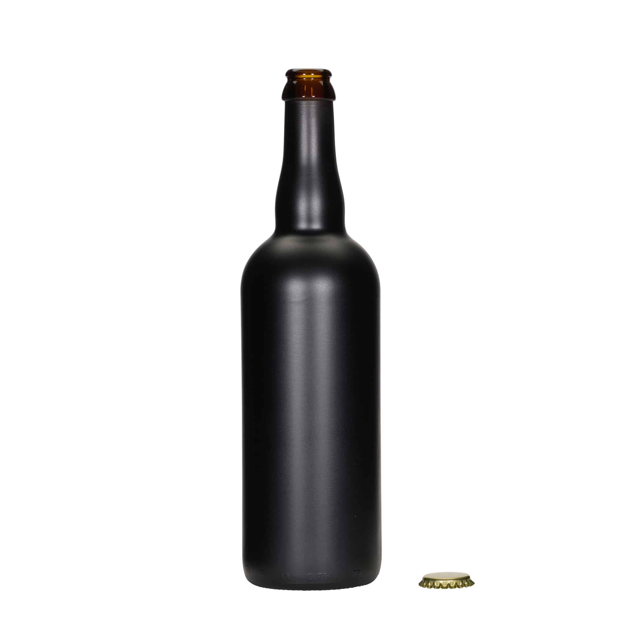 750 ml bierfles België, glas, zwart, monding: kroonkurk