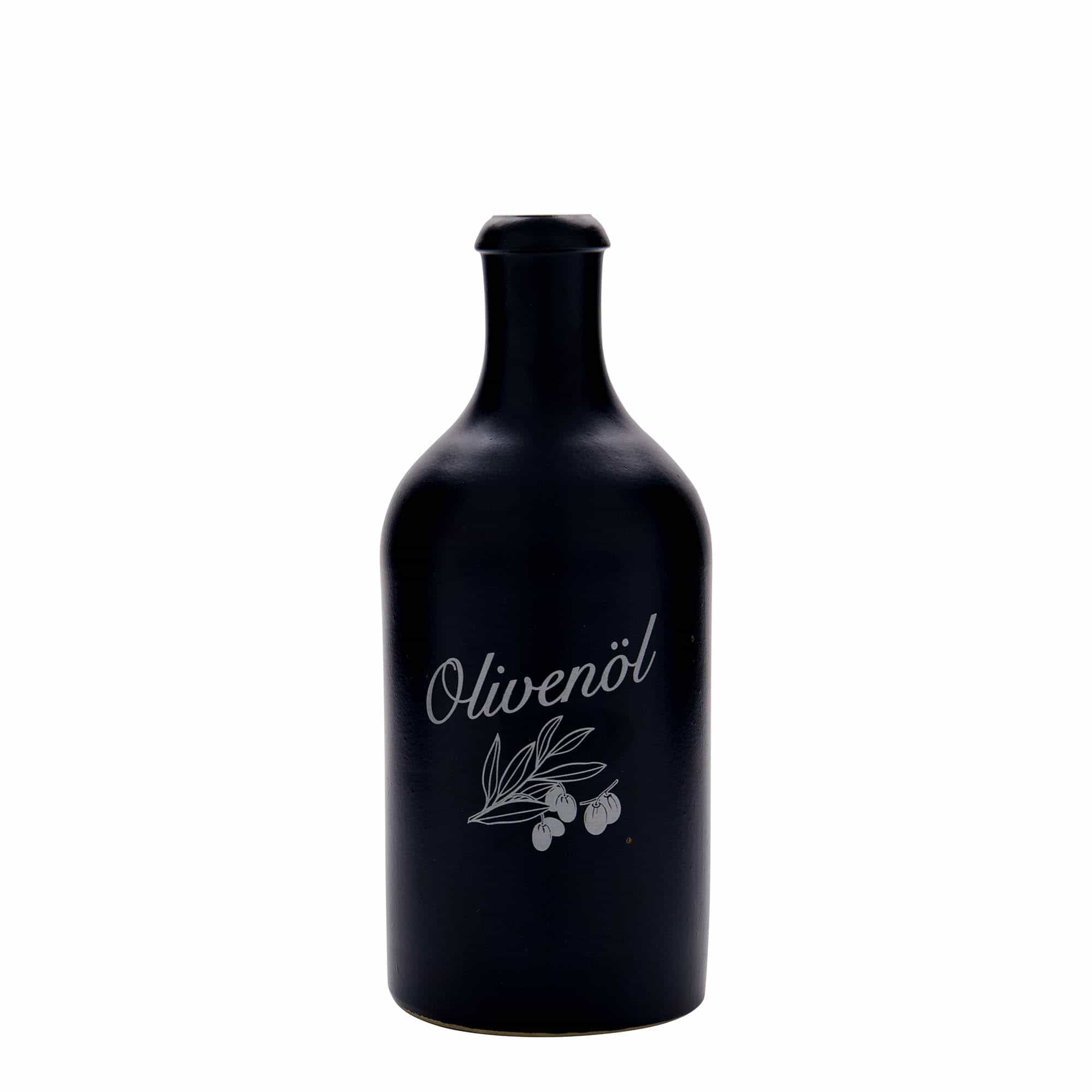 Keramische kruik, 500 ml, motief: Olijfolie, steengoed, zwart, monding: kurk Keramische kruik, 500 ml, motief: Olijfolie, steengoed, zwart, monding: kurk