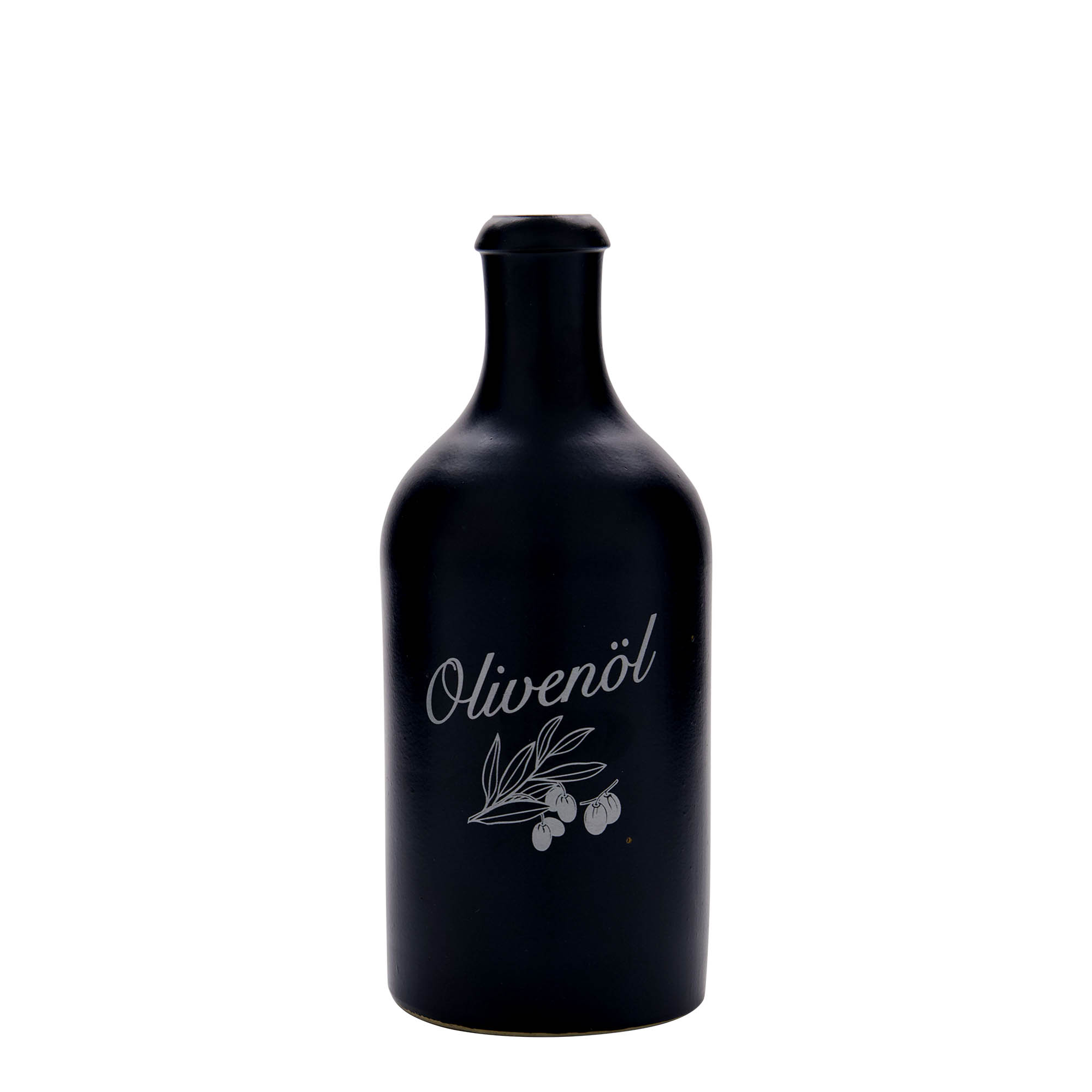 500 ml Tonkruik, motief: olijfolie, steengoed, zwart, monding: kurk 500 ml Tonkruik, motief: olijfolie, steengoed, zwart, monding: kurk