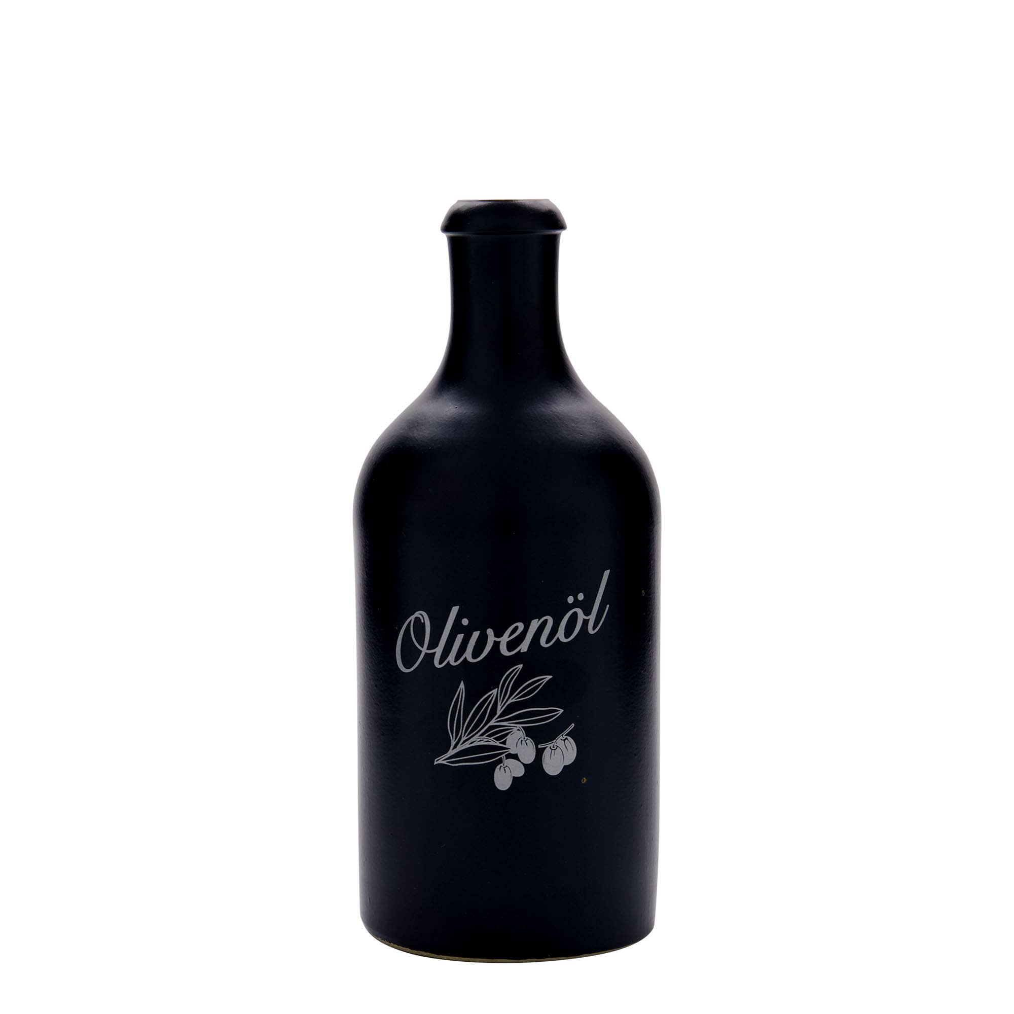 500 ml Tonkruik, motief: olijfolie, steengoed, zwart, monding: kurk