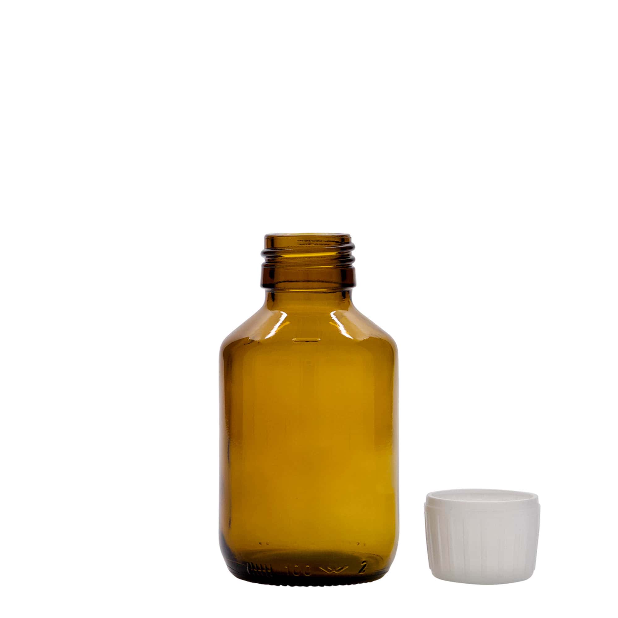 100 ml medicijnfles, bruin, glas, opening: PP 28