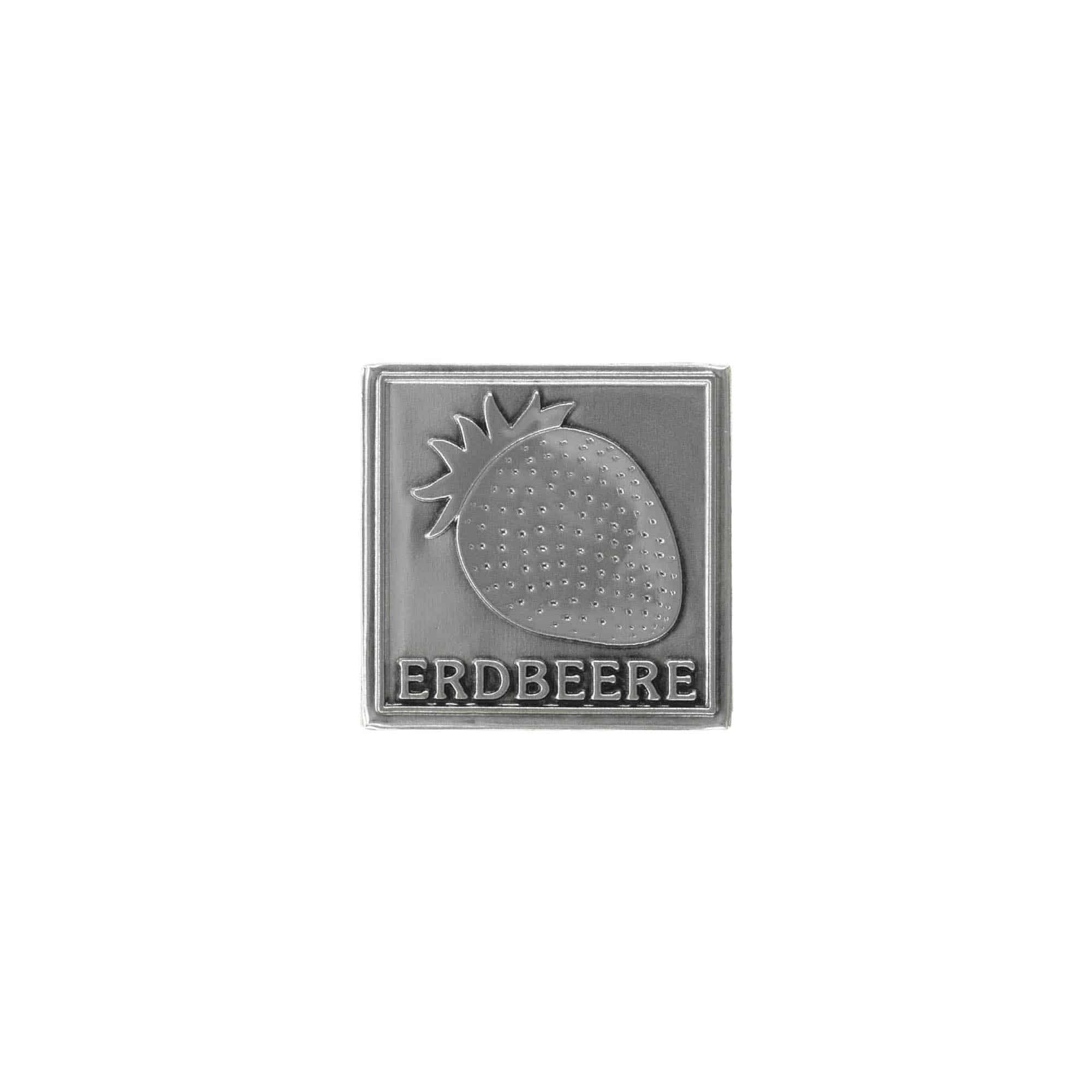 Tinnen etiket 'Aardbei', vierkant, metaal, zilver Tinnen etiket 'Aardbei', vierkant, metaal, zilver