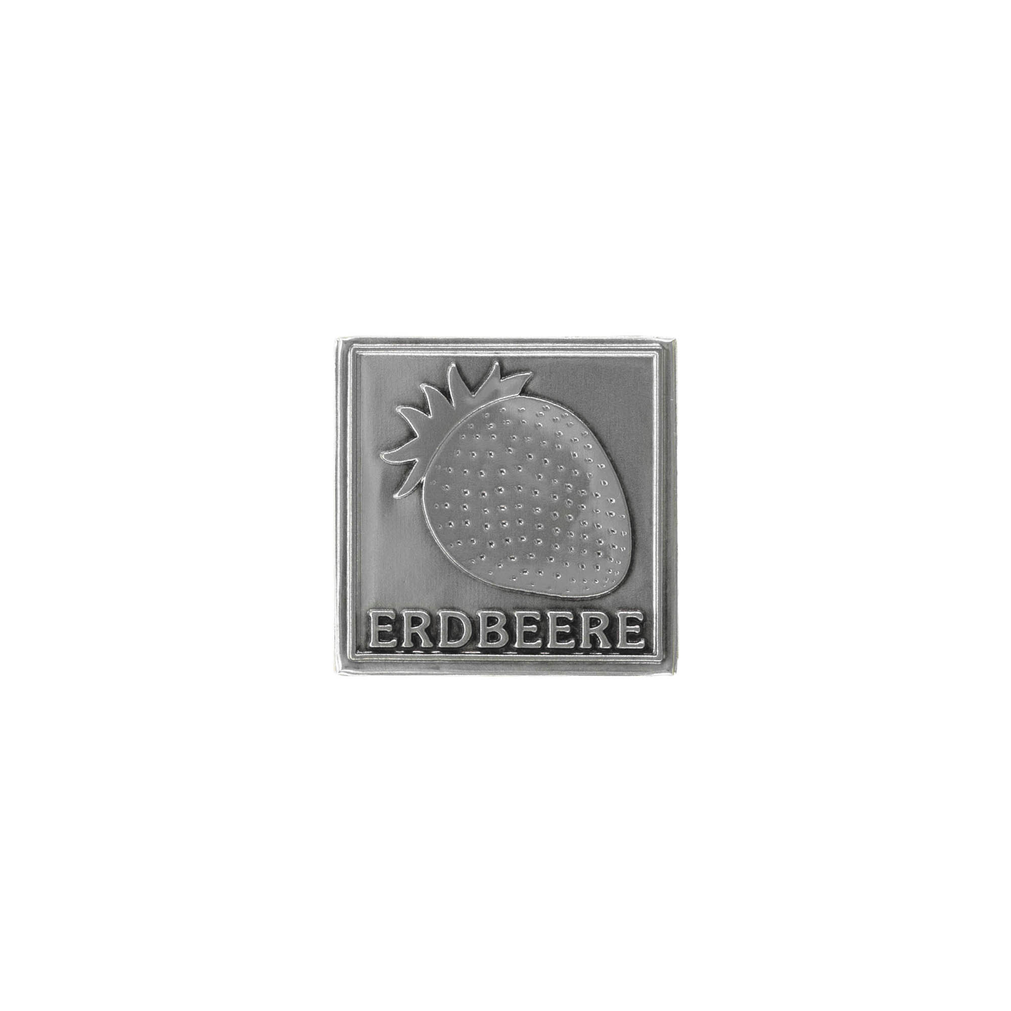 Bliketiket 'Aardbei', vierkant, metaal, zilver Bliketiket 'Aardbei', vierkant, metaal, zilver