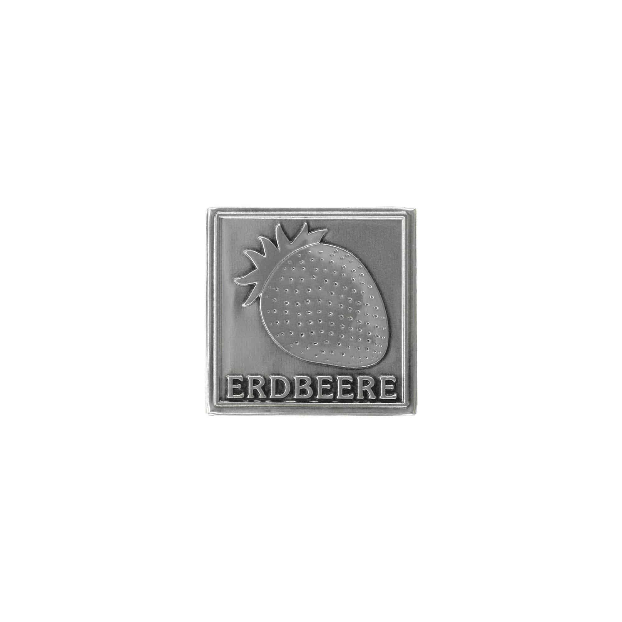 Bliketiket 'Aardbei', vierkant, metaal, zilver