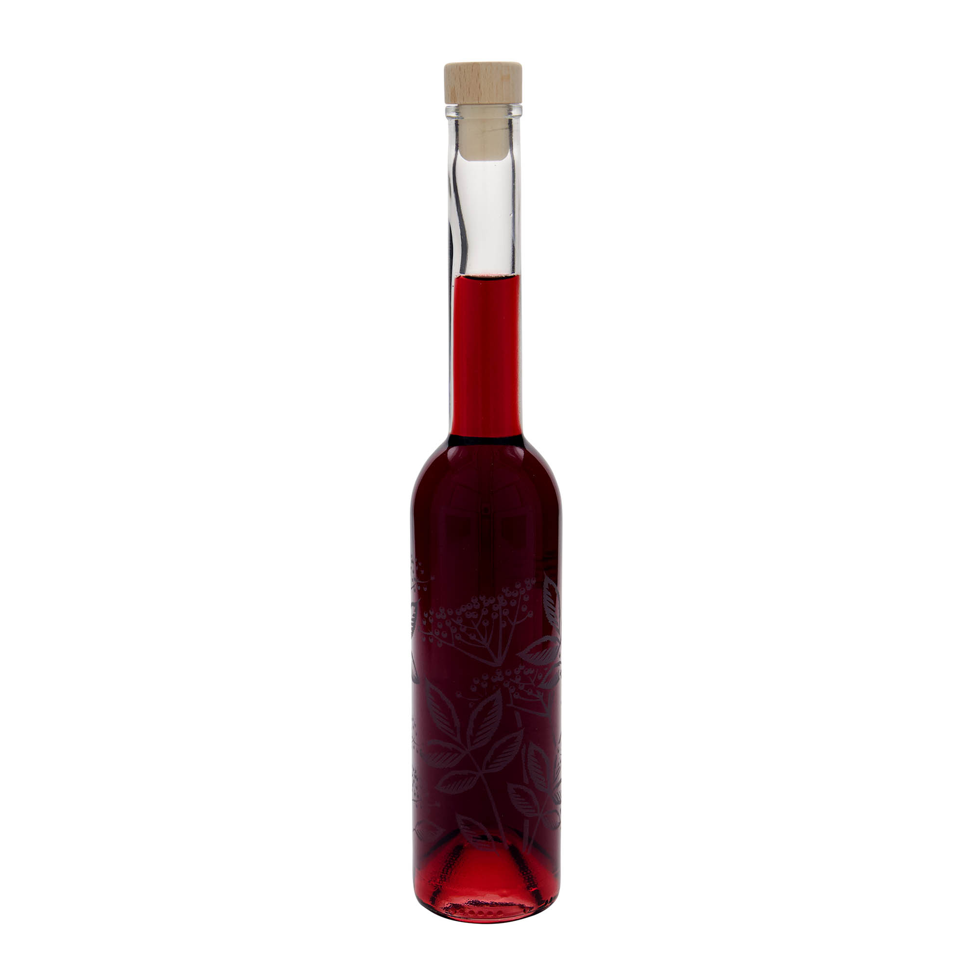 350 ml glazen fles 'Opera', motief: vlierbes, opening: kurk 350 ml glazen fles 'Opera', motief: vlierbes, opening: kurk
