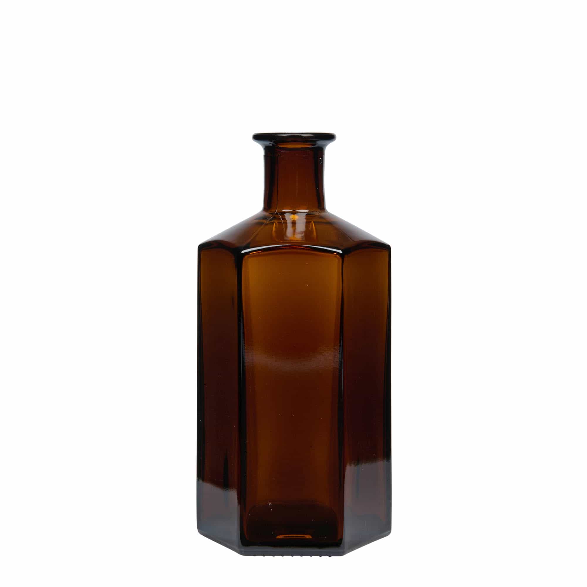 Glazen fles Apotheker 'Jimmy'. 500 ml. zeshoekig. bruin. monding: kurk