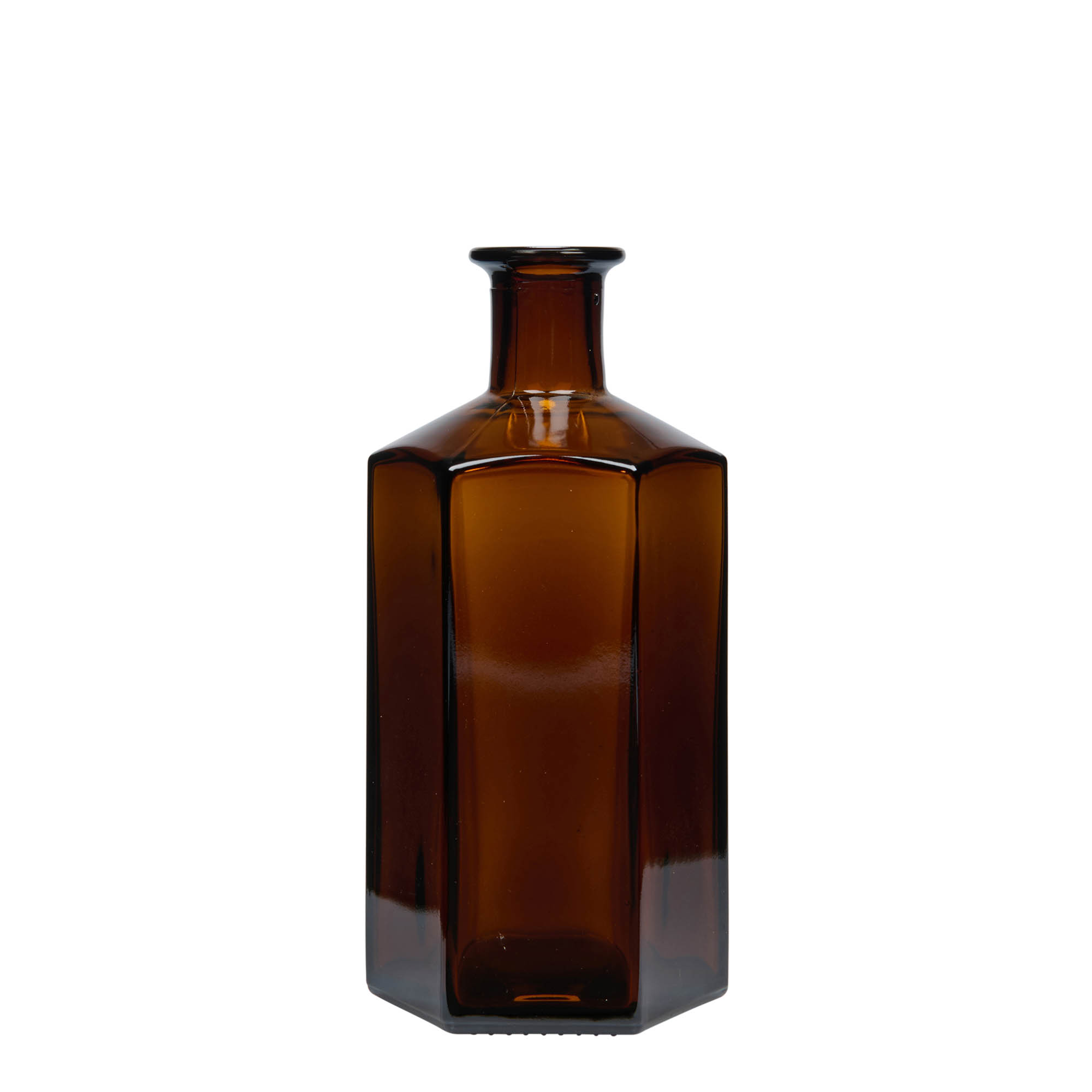 500 ml glazen fles apotheker 'Jimmy', zeshoekig, bruin, opening: kurk 500 ml glazen fles apotheker 'Jimmy', zeshoekig, bruin, opening: kurk