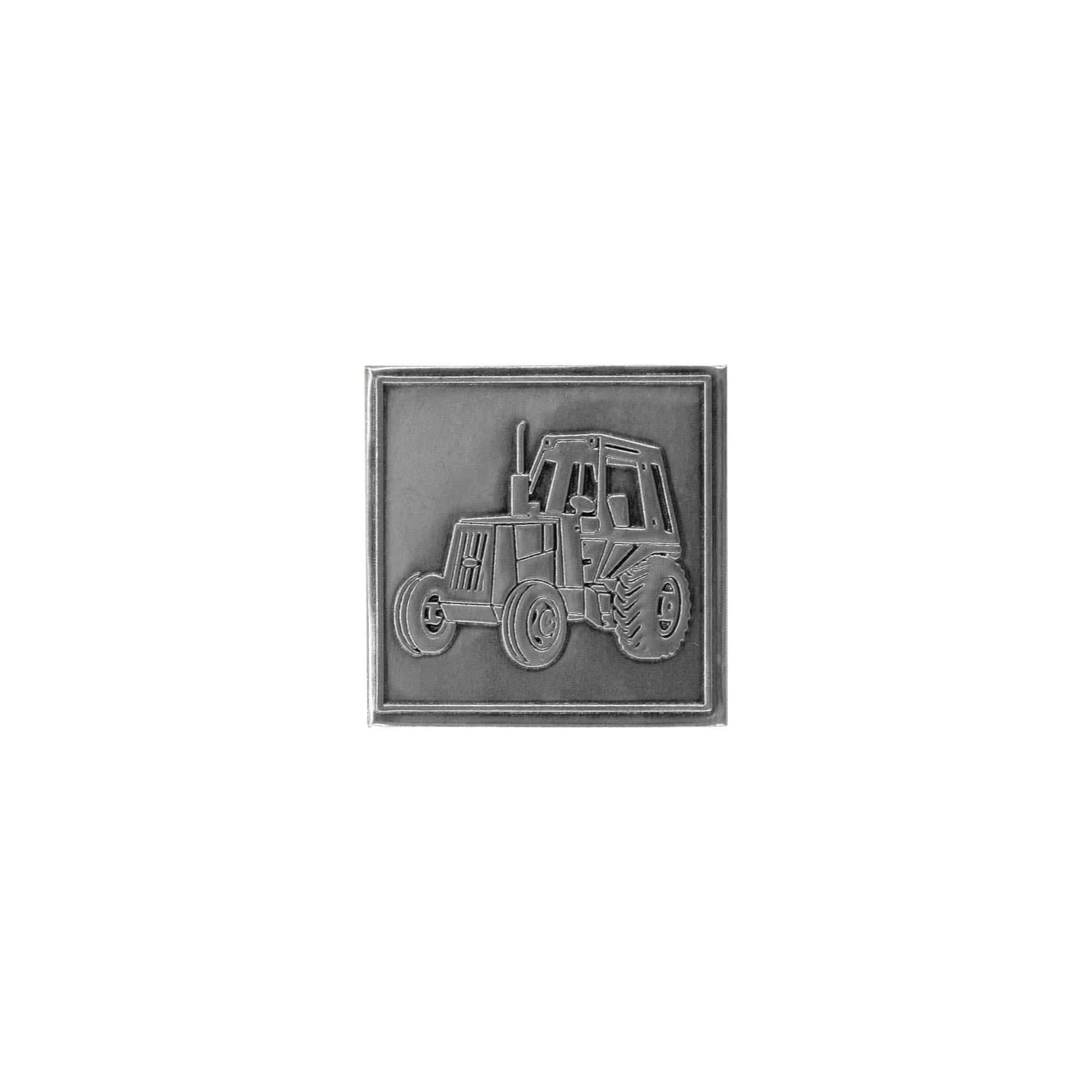 Tinlabel 'Tractor', vierkant, metaal, zilver