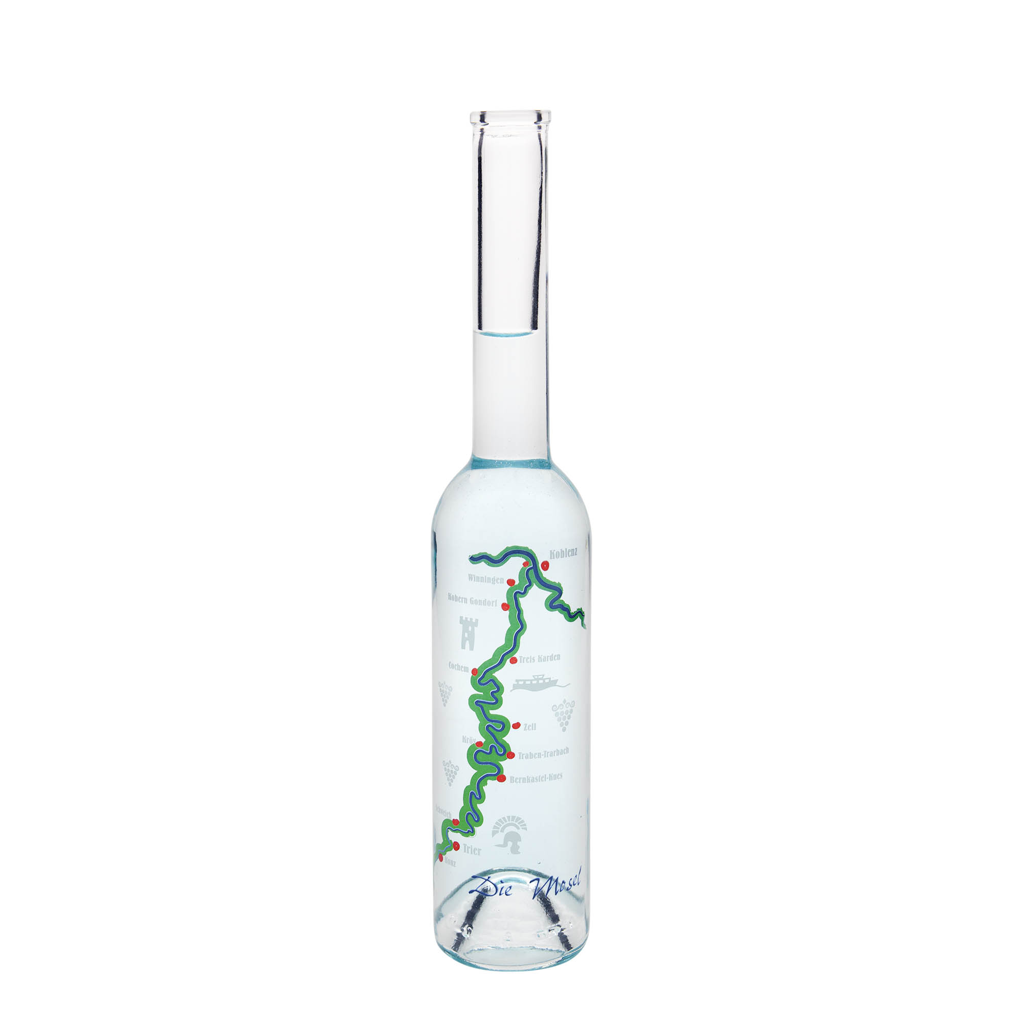 350 ml glazen fles 'Opera', motief: Moezel, hals: kurk 350 ml glazen fles 'Opera', motief: Moezel, hals: kurk