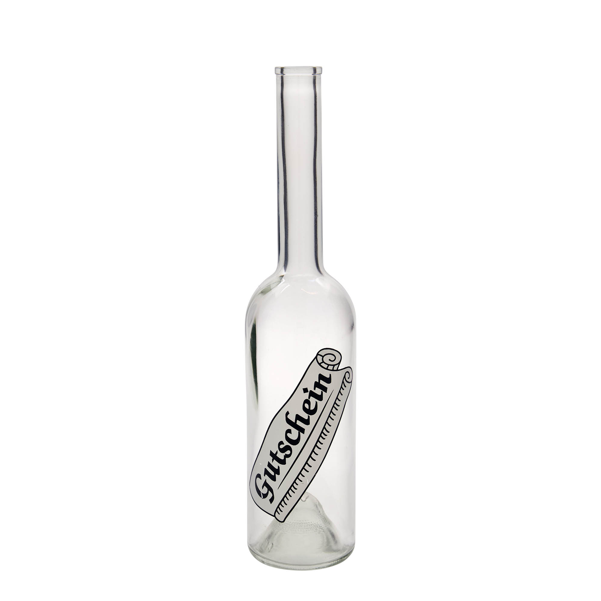 500 ml glazen fles 'Opera', motief: cadeaubon, hals: kurk