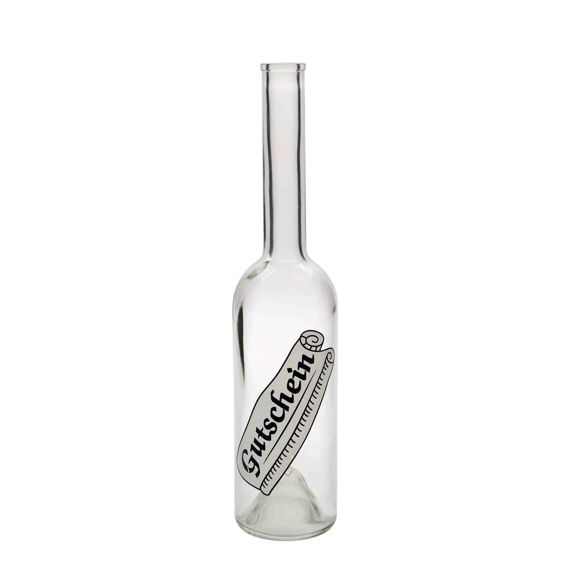 500 ml glazen fles 'Opera', motief: cadeaubon, hals: kurk