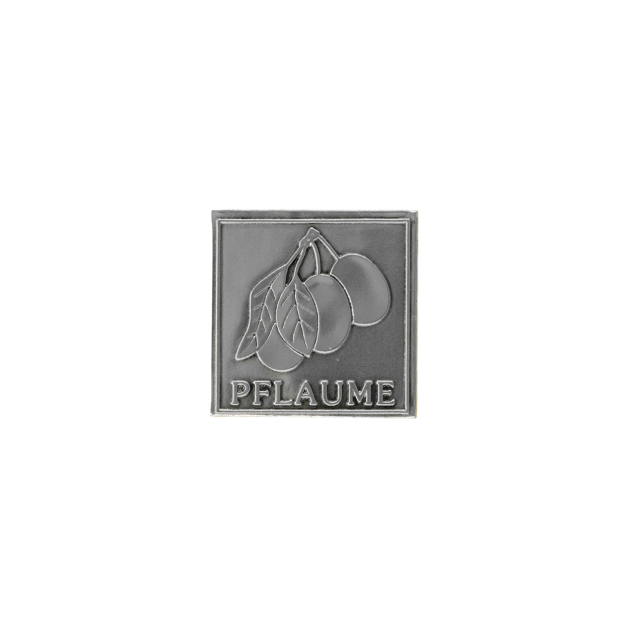 Tinlabel 'Pruim', vierkant, metaal, zilver Tinlabel 'Pruim', vierkant, metaal, zilver