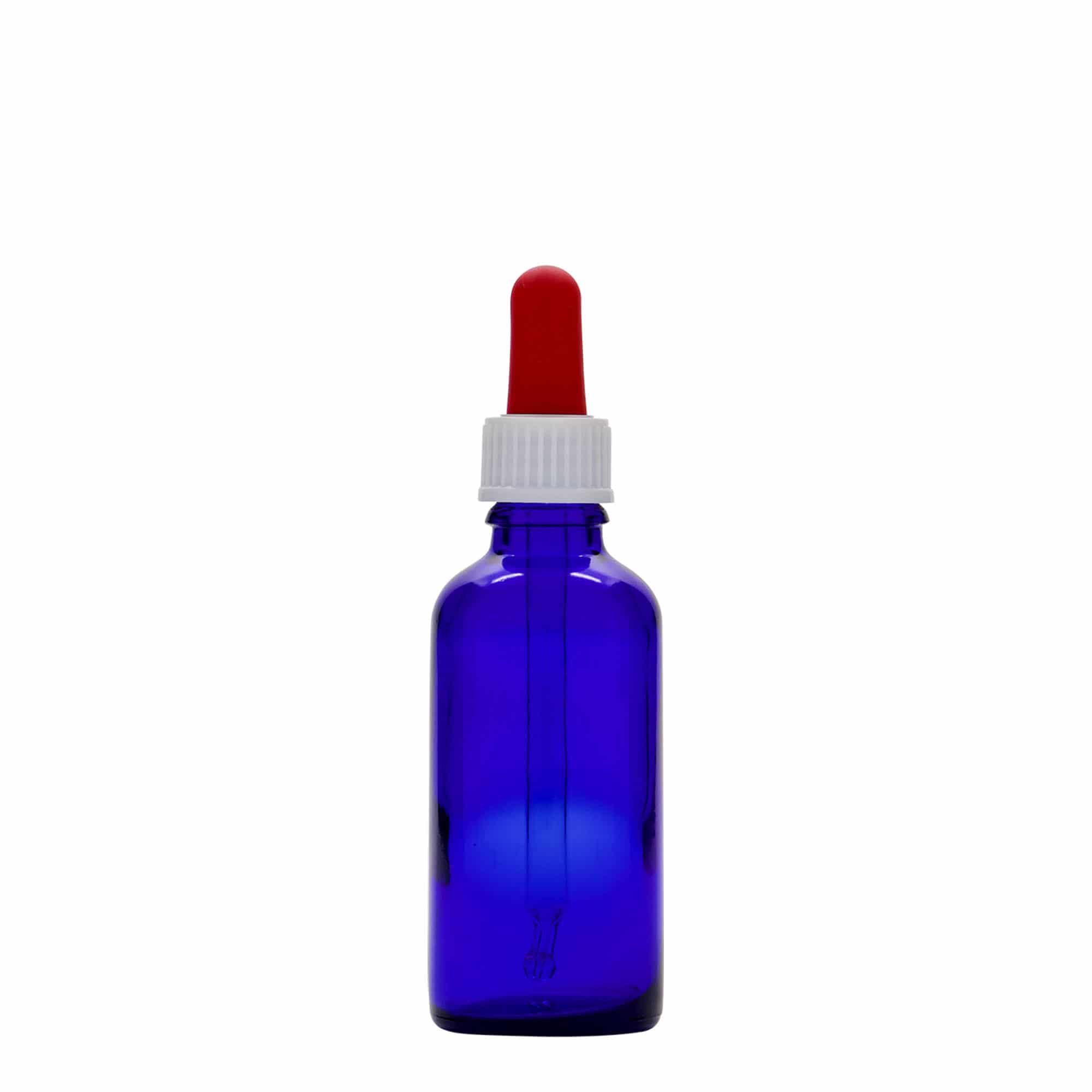 50 ml pipetflesje medicijn, glas, koningsblauw-rood, mondstuk: DIN 18