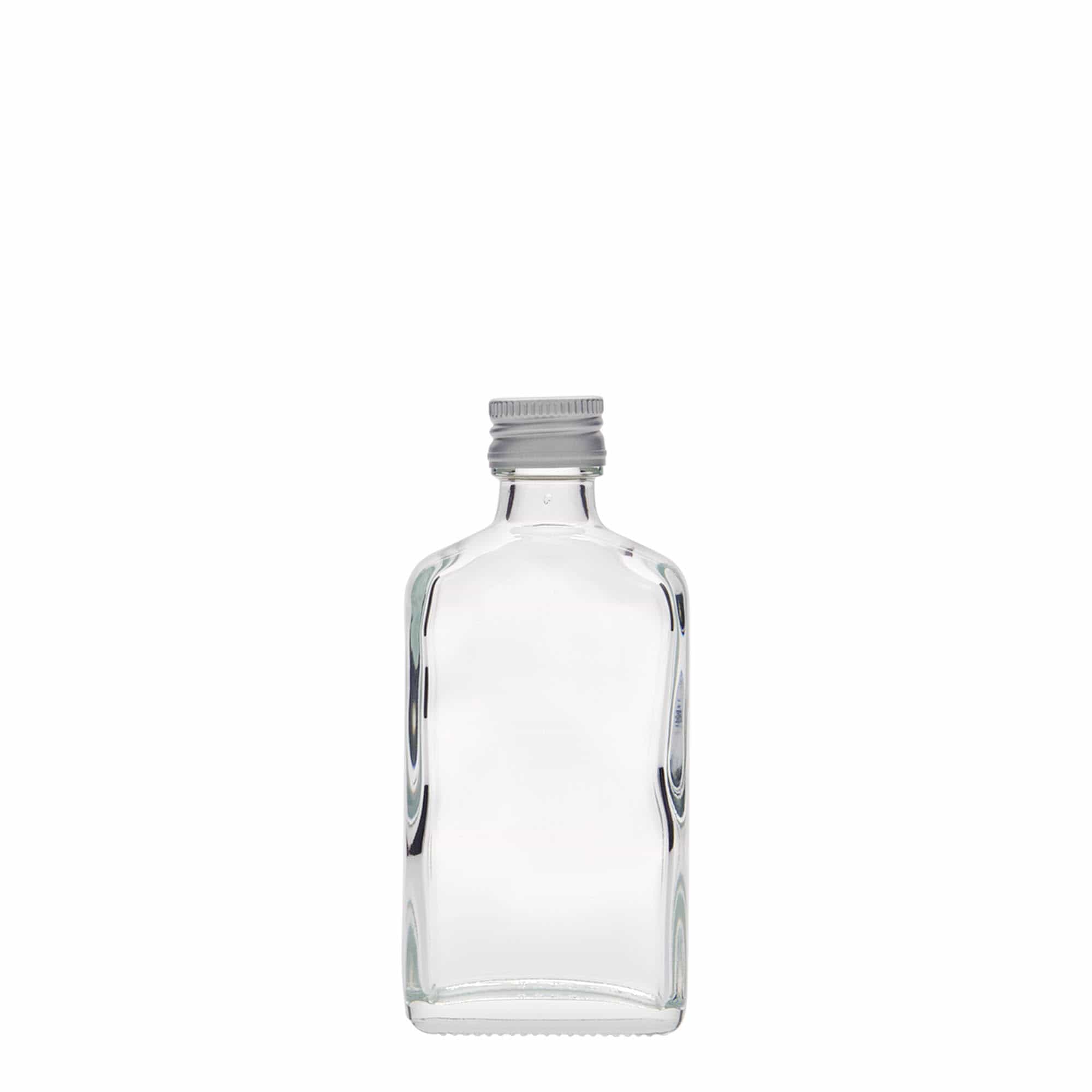 50 ml zakfles, rechthoekig, glas, mondstuk: PP 18