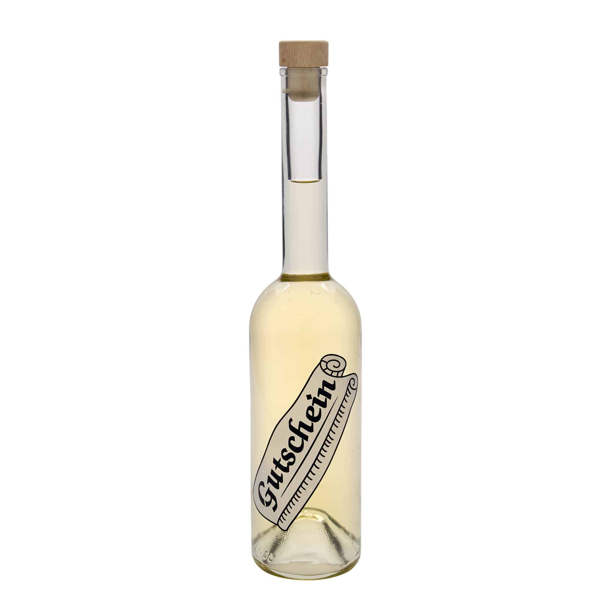 500 ml glazen fles 'Opera', motief: cadeaubon, hals: kurk