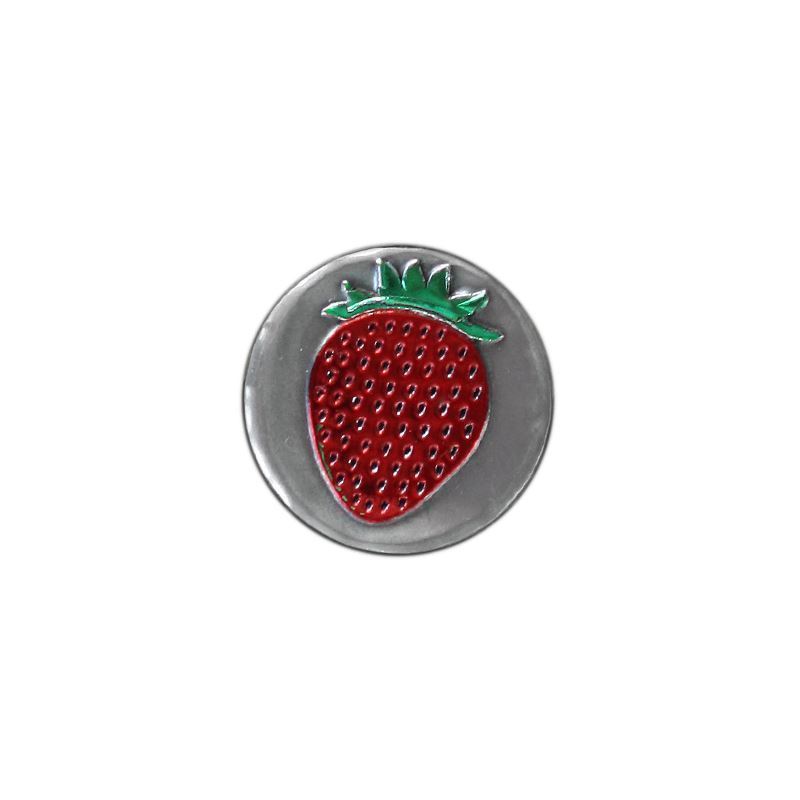 Tinlabel 'Aardbei', rond, metaal, zilver Tinlabel 'Aardbei', rond, metaal, zilver