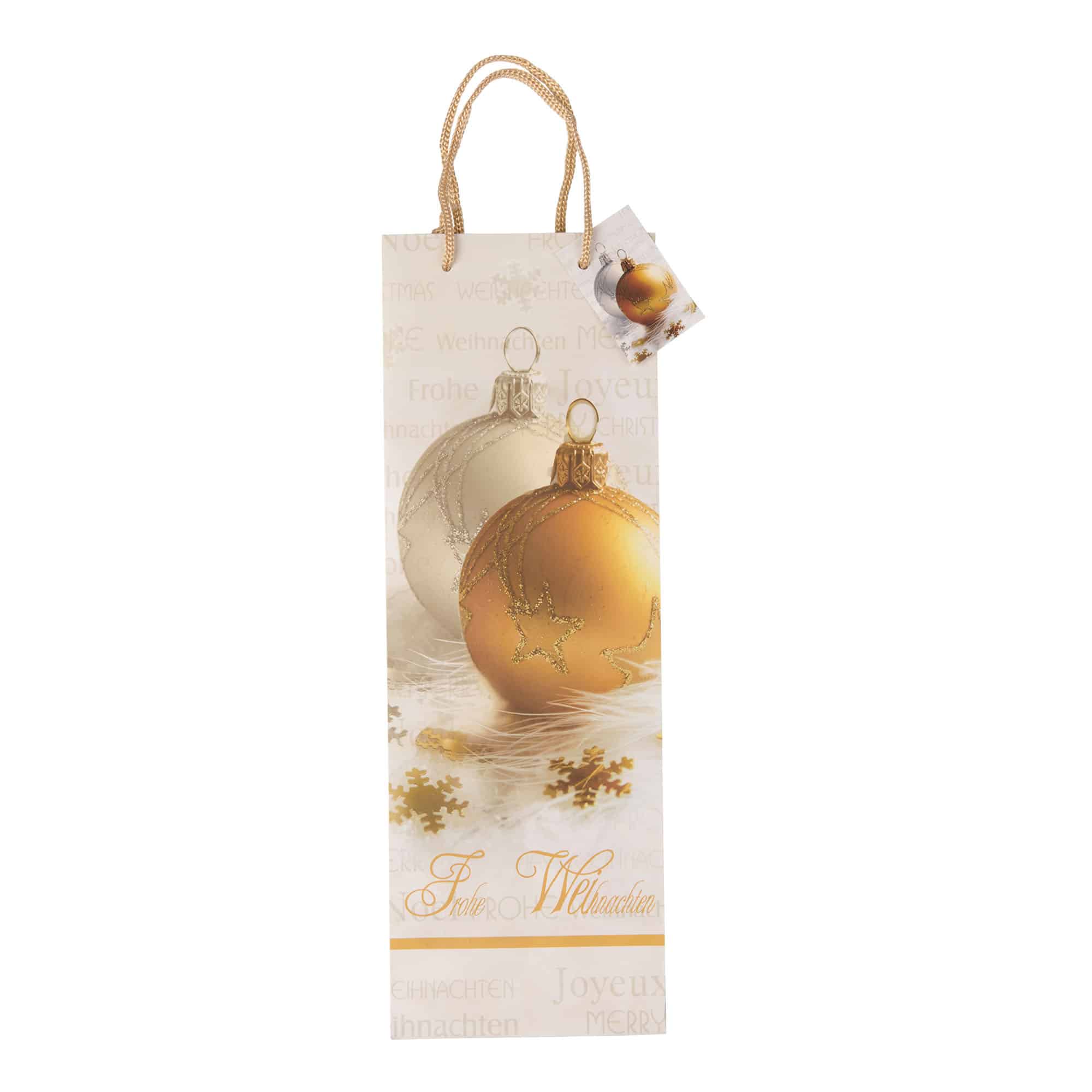 Flessentas, motief: Vrolijk kerstfeest, vierkant, papier, goud Flessentas, motief: Vrolijk kerstfeest, vierkant, papier, goud