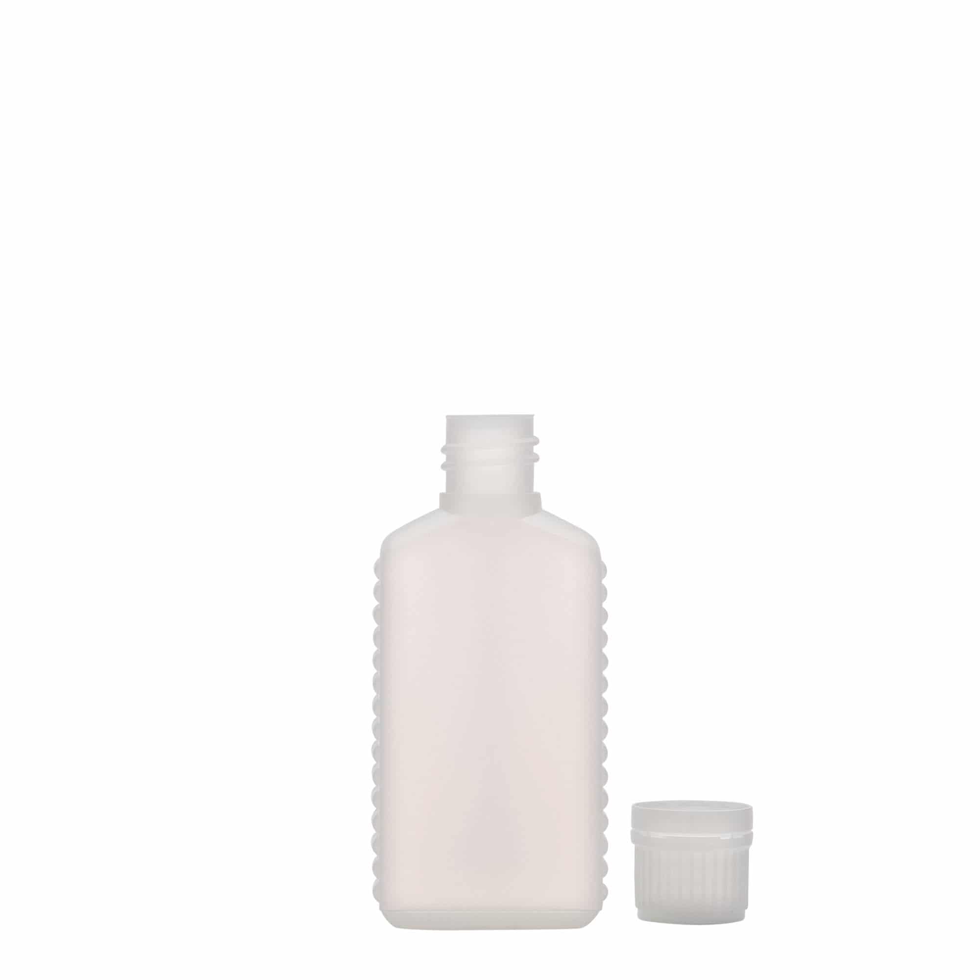 50 ml kanisterfles met smalle hals, rechthoekig, HDPE-kunststof, natuurkleurig, opening: DIN 18