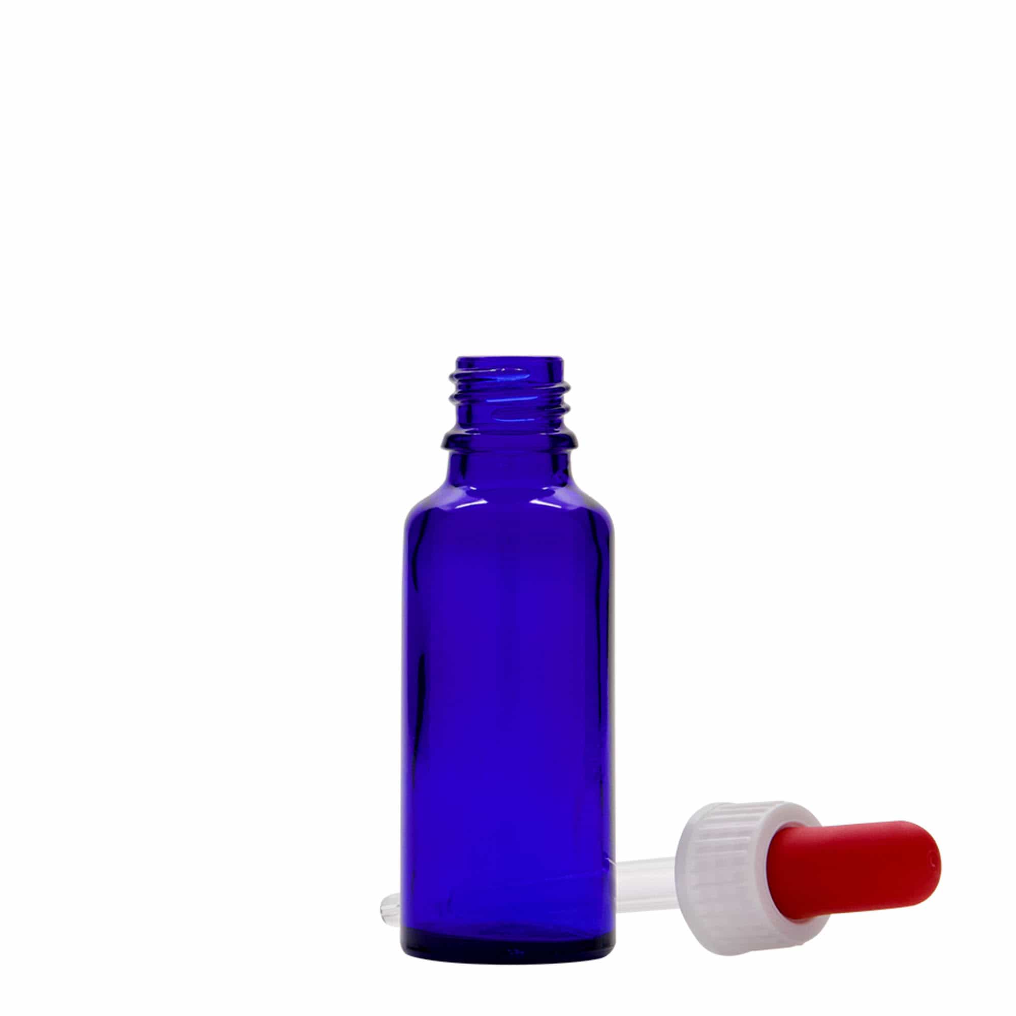 30 ml pipetflesje medicijn, glas, koningsblauw-rood, monding: DIN 18
