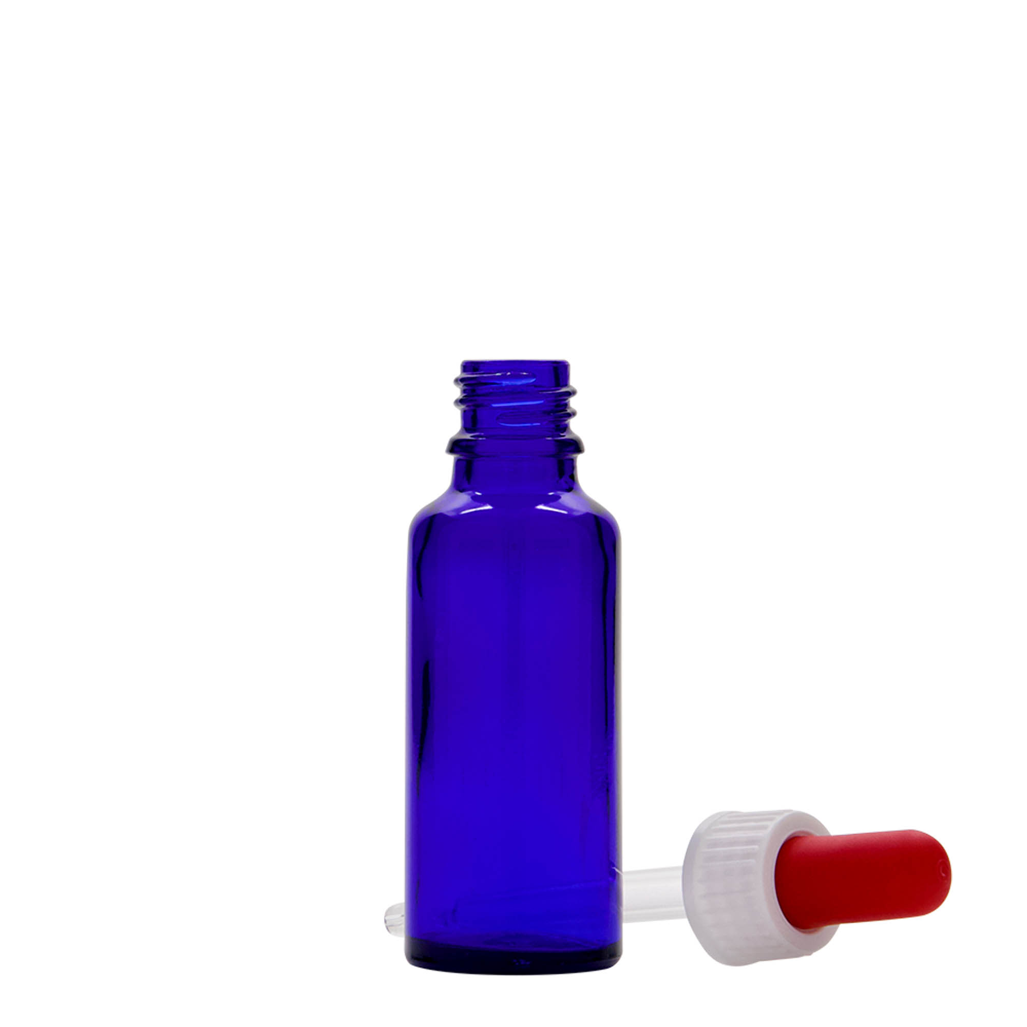 30 ml pipetflesje medicijn, glas, koningsblauw-rood, monding: DIN 18