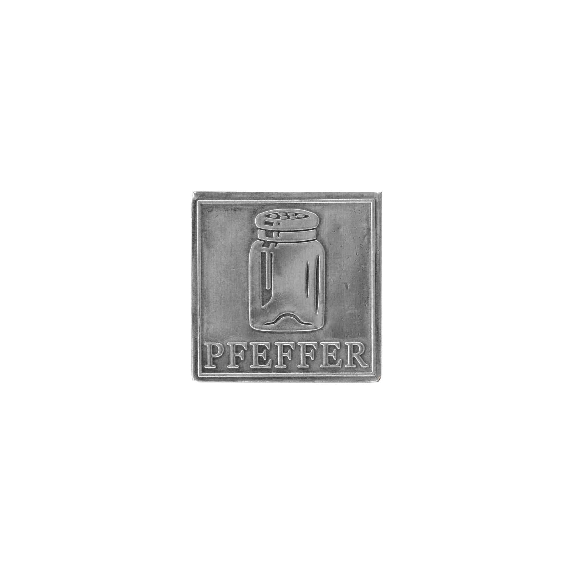 Tinnen etiket 'Peper', vierkant, metaal, zilver Tinnen etiket 'Peper', vierkant, metaal, zilver