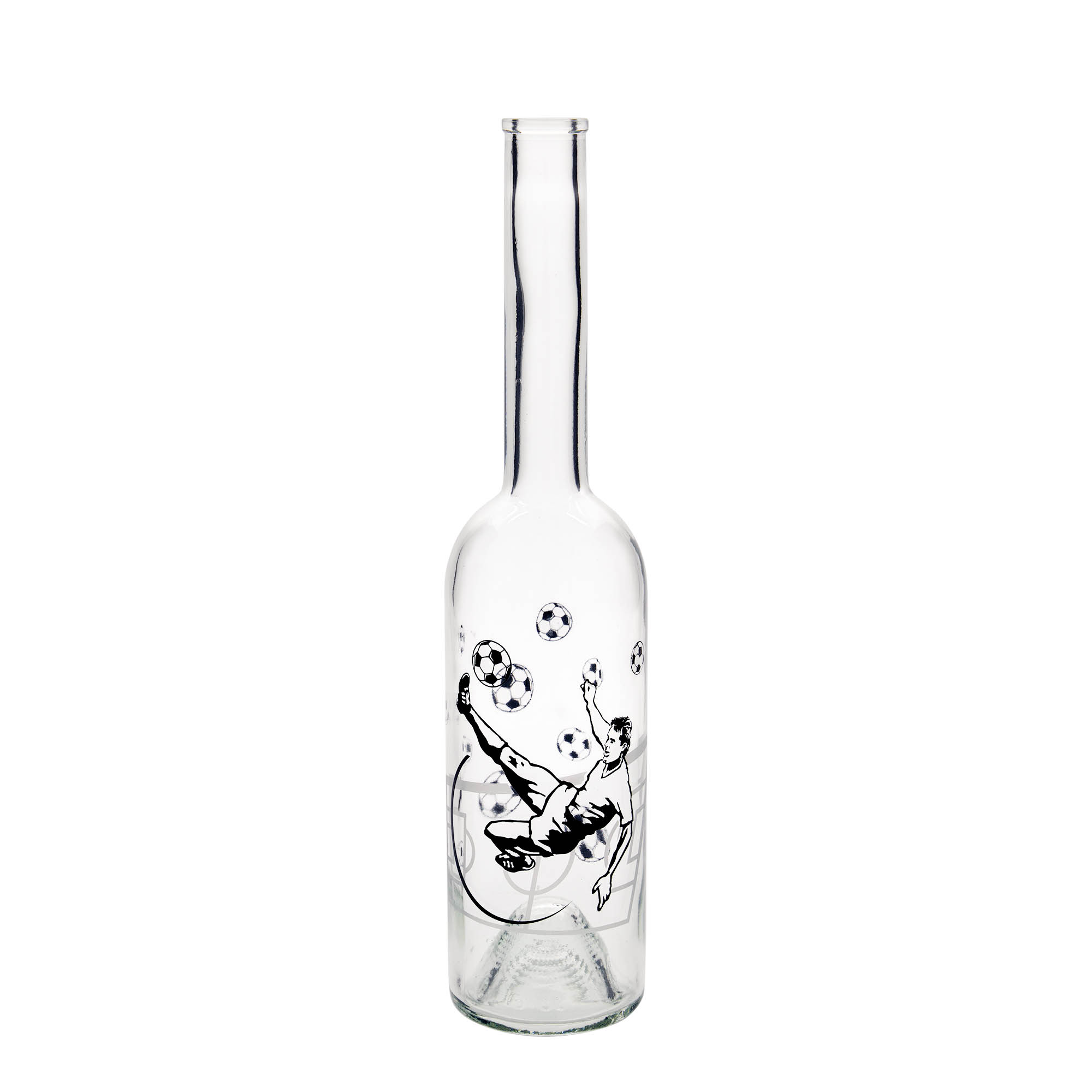 500 ml glazen fles 'Opera', motief: voetballer, hals: kurk