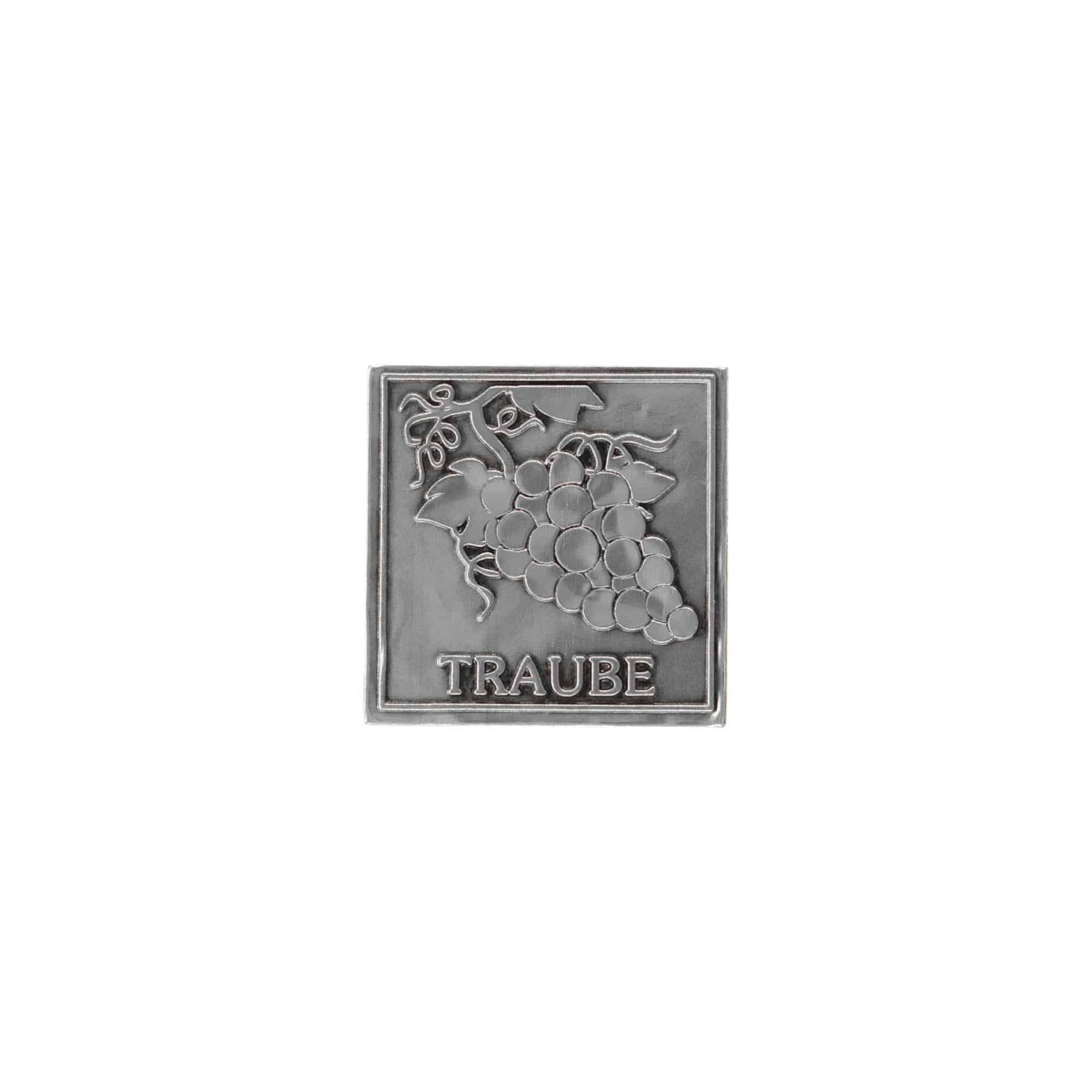 Tinnen etiket 'Druif', vierkant, metaal, zilver Tinnen etiket 'Druif', vierkant, metaal, zilver