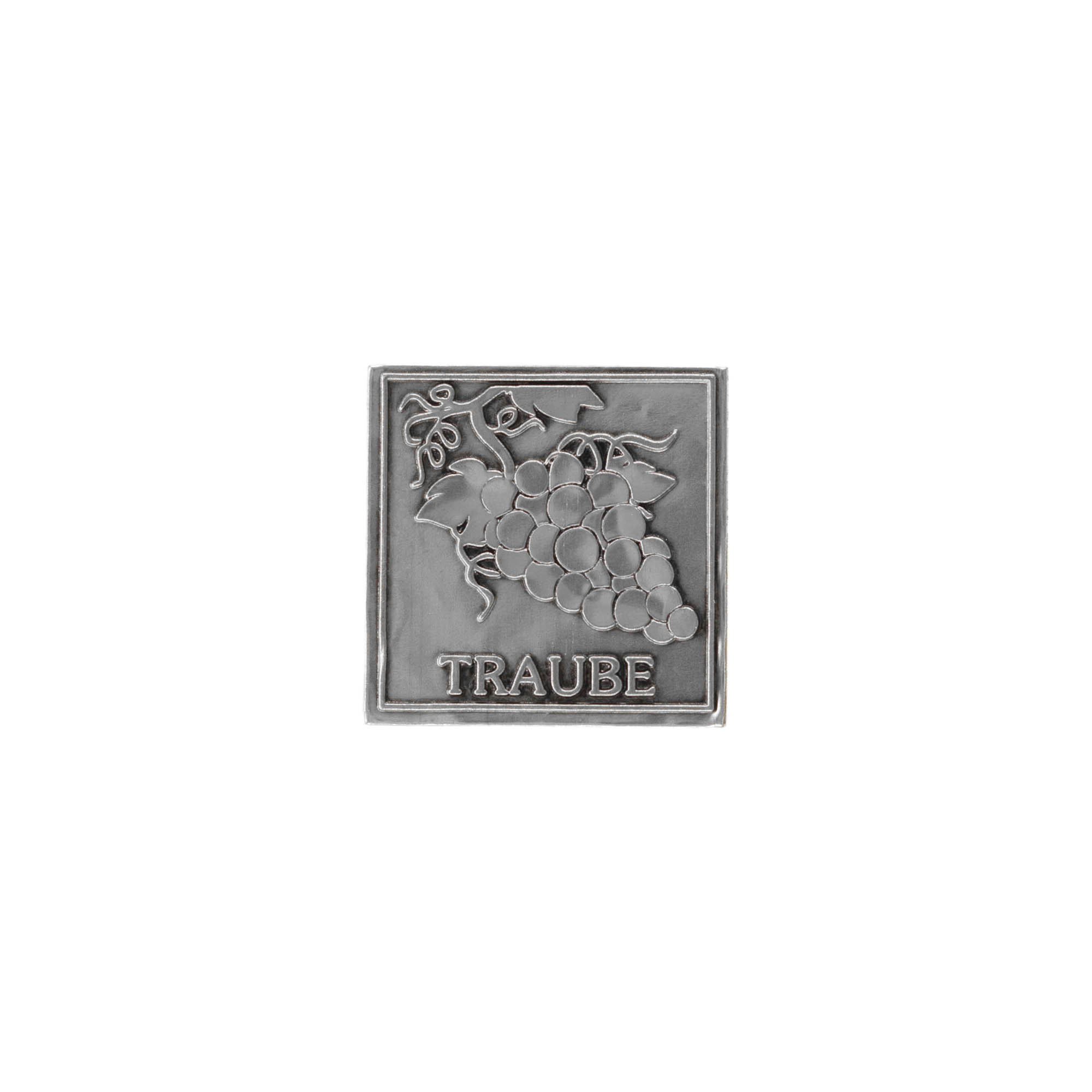 Tinlabel 'Druif', vierkant, metaal, zilver Tinlabel 'Druif', vierkant, metaal, zilver
