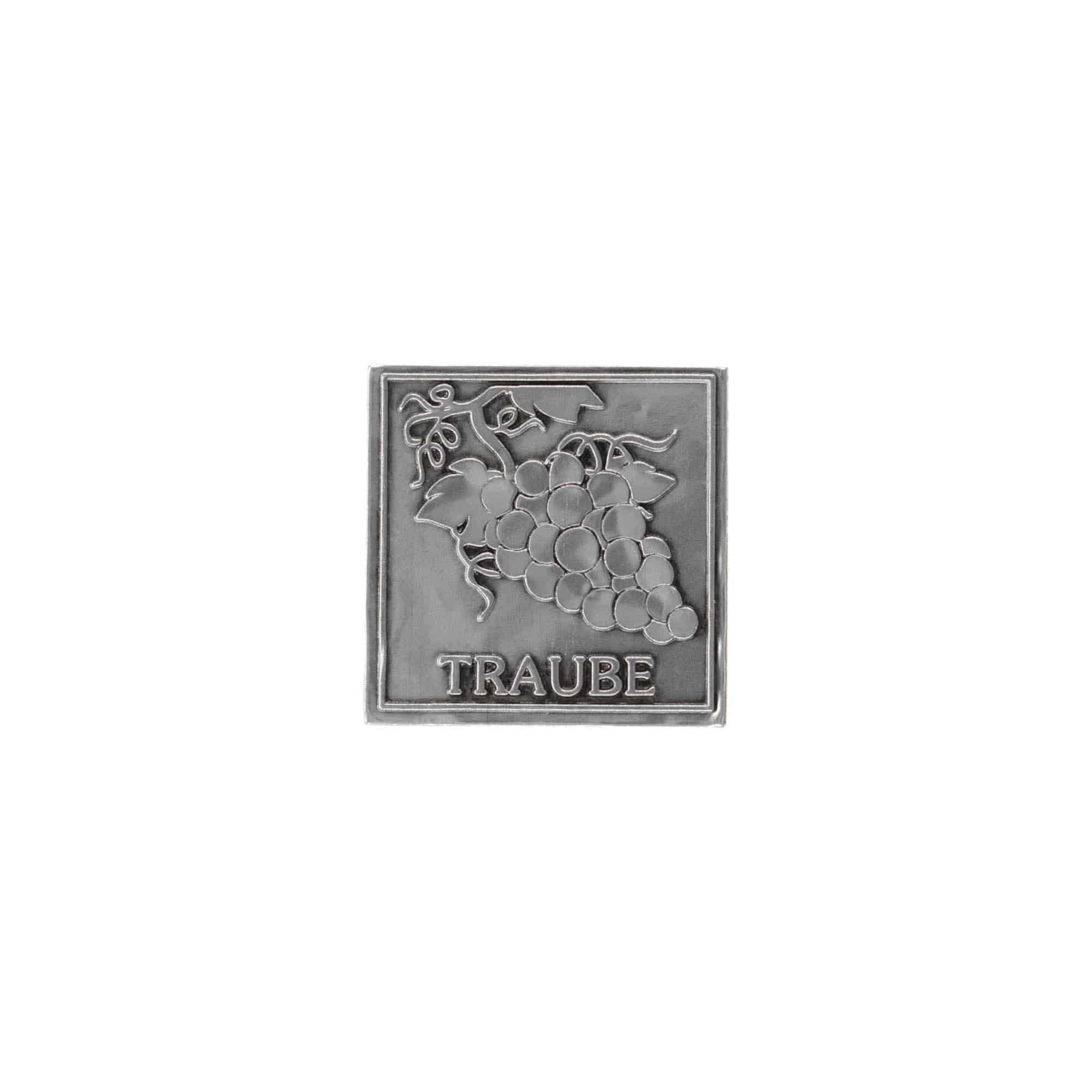 Tinlabel 'Druif', vierkant, metaal, zilver